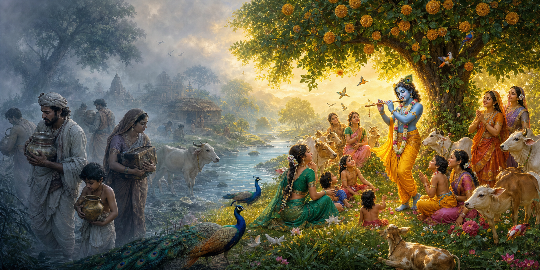 A misty village grove with isolated people transitions into a golden scene where villagers, animals, and nature gather joyfully around flute-playing Krishna.