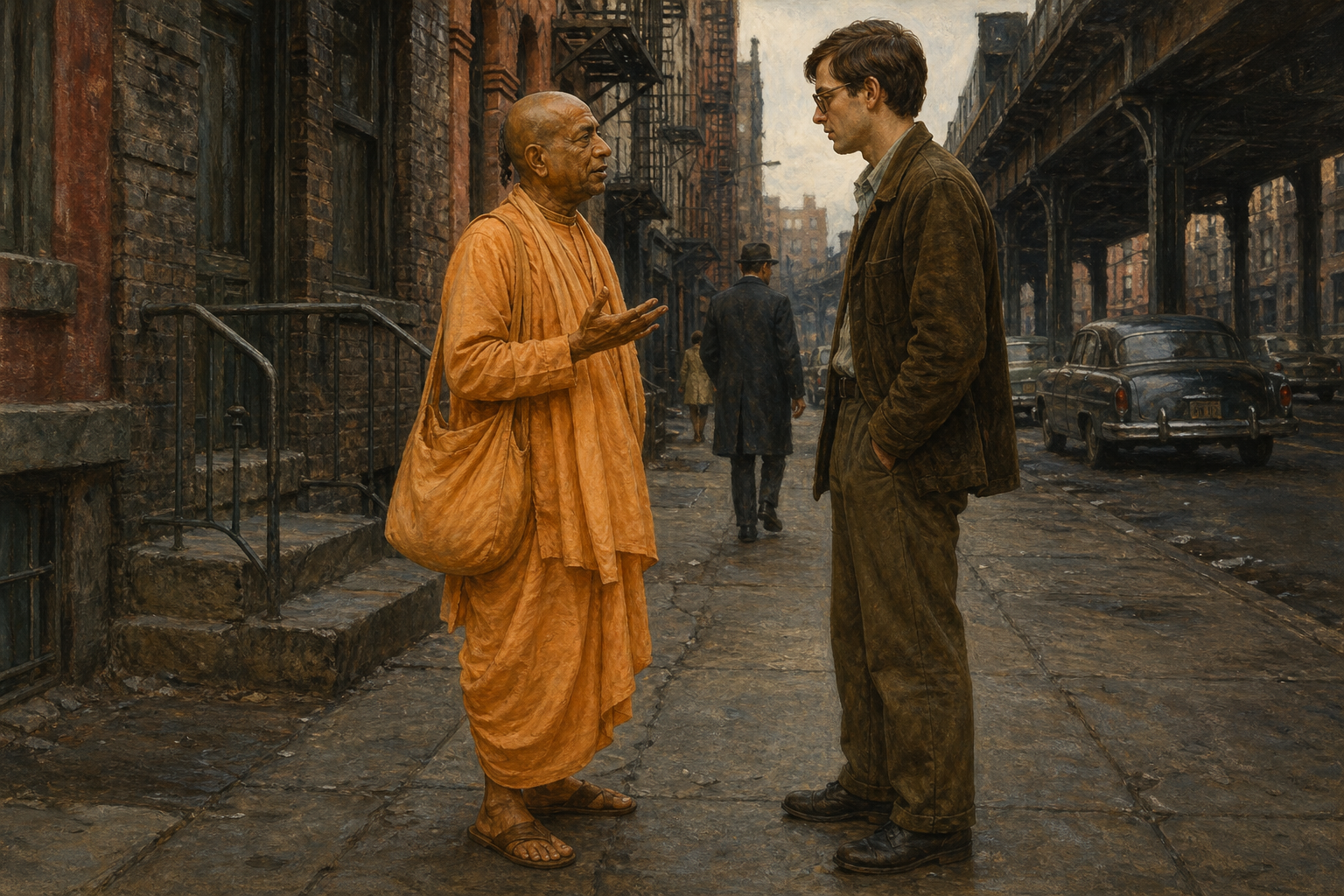 Srila Prabhupada pauses on a 1960s Lower East Side sidewalk to speak with a young New Yorker among brick buildings and passing pedestrians.