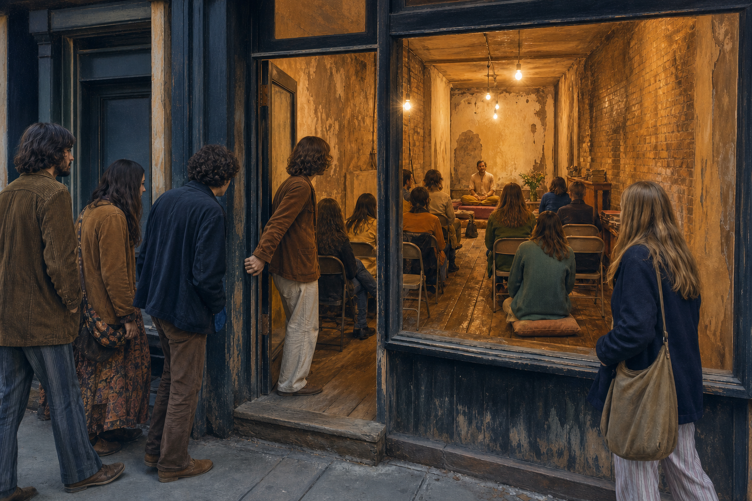 Young adults approach a warmly lit, simply furnished 1960s Lower East Side storefront prepared for a public spiritual class.