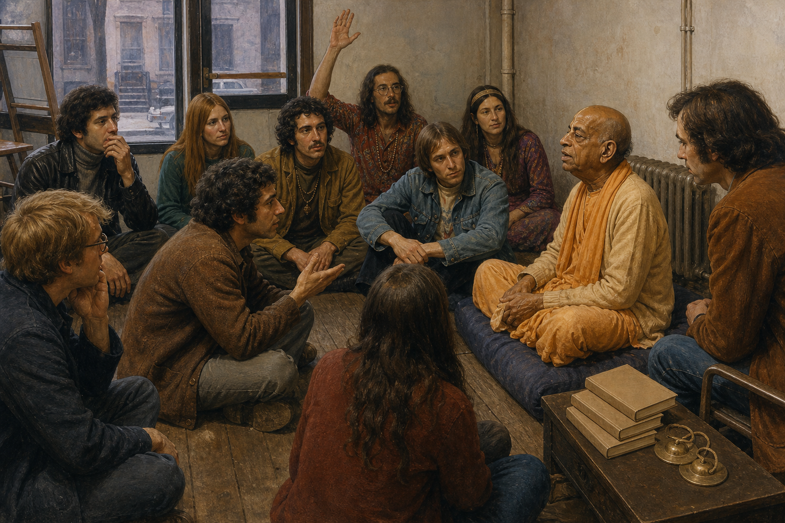 Srila Prabhupada leads a small storefront discussion as young New Yorkers listen, raise questions, and exchange thoughtful looks.