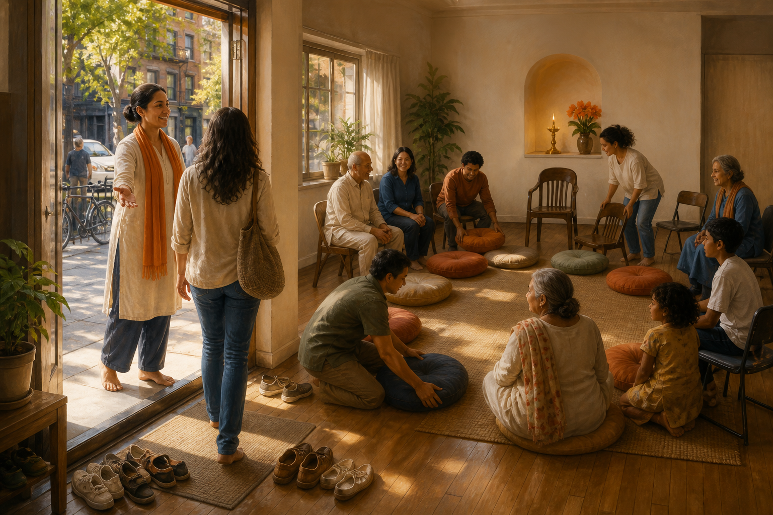 Community members arrange an open circle in a neighborhood room while a host welcomes a newcomer through the street-facing doorway.