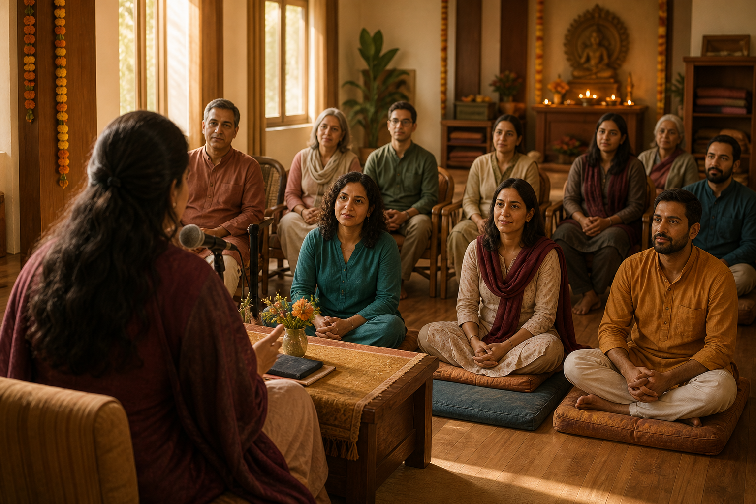 An anonymous female spiritual teacher addresses an attentive audience in a warmly lit Hindu temple community hall.