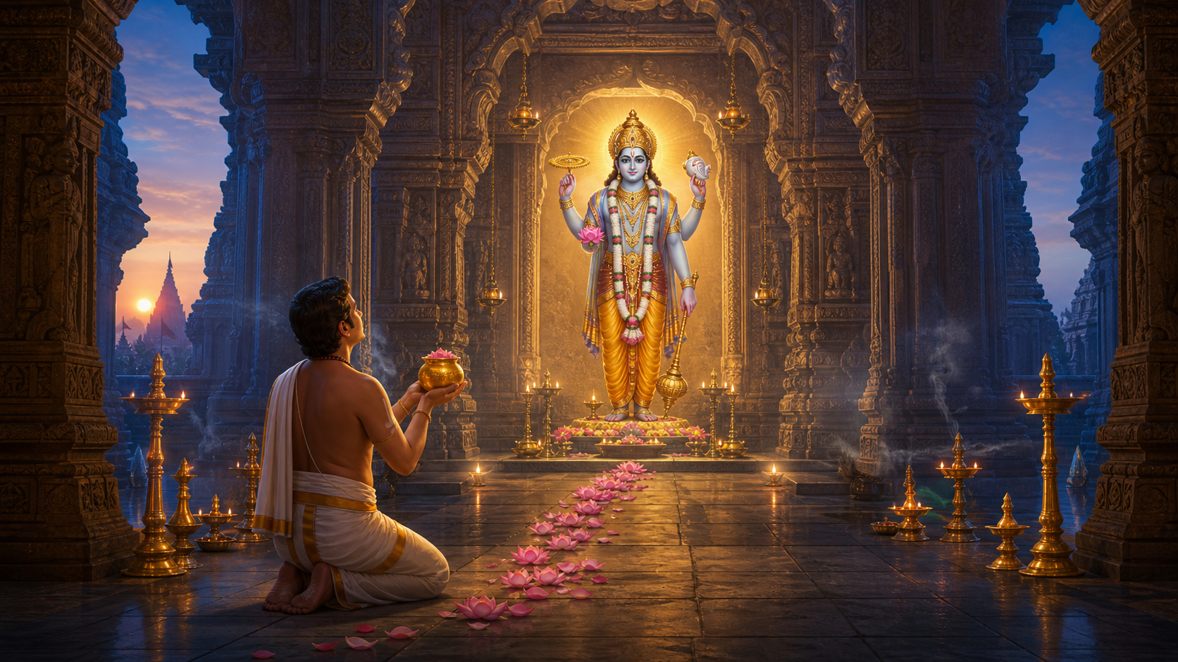 A kneeling devotee holds a small golden vessel while looking toward a radiant four-armed form of Lord Vishnu in a temple sanctum.