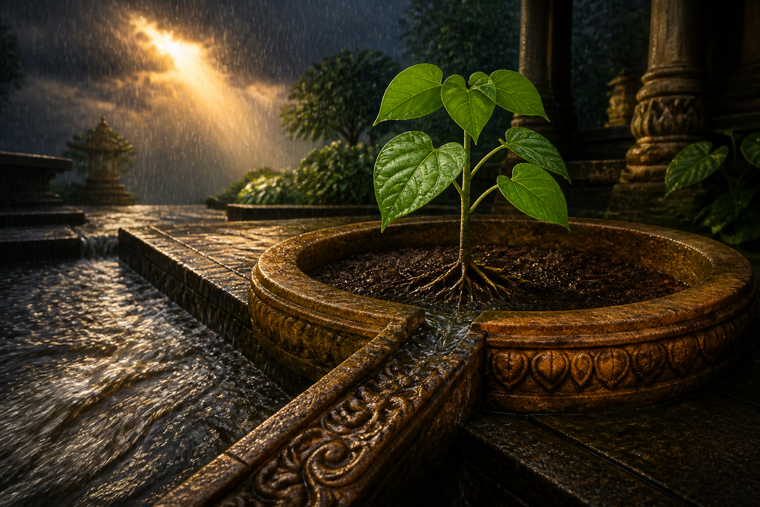 A sacred fig sapling is protected from heavy monsoon rain by a stone boundary and nourished through a narrow water channel.