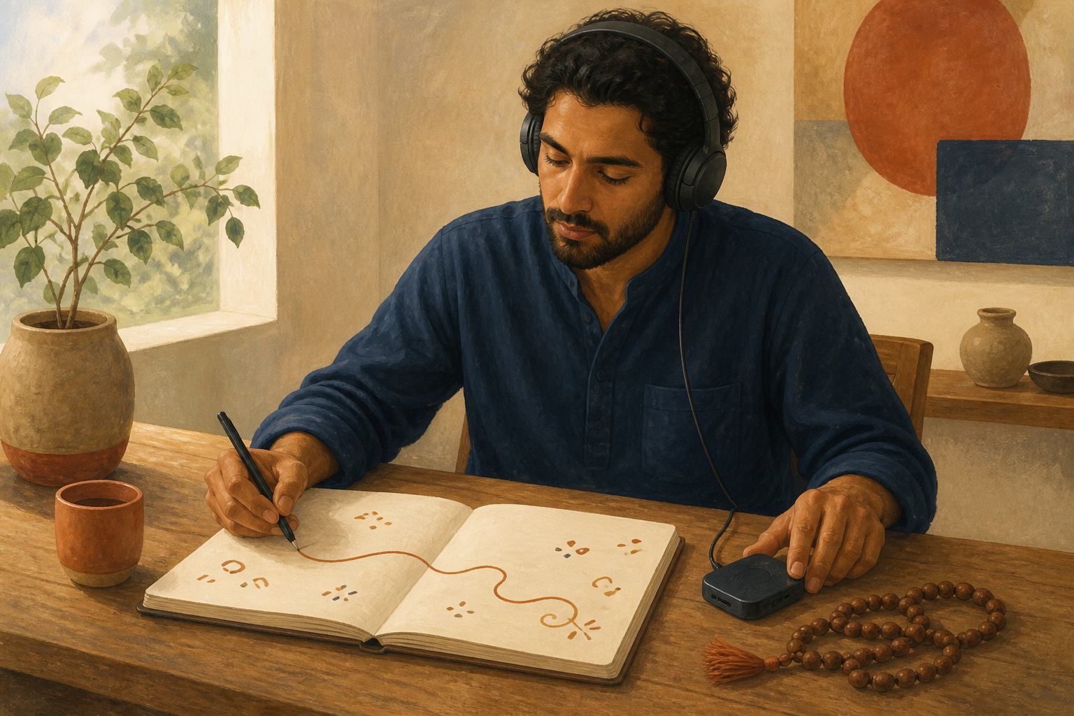 A listener wearing headphones follows an abstract continuous line in a notebook beside a set of prayer beads.