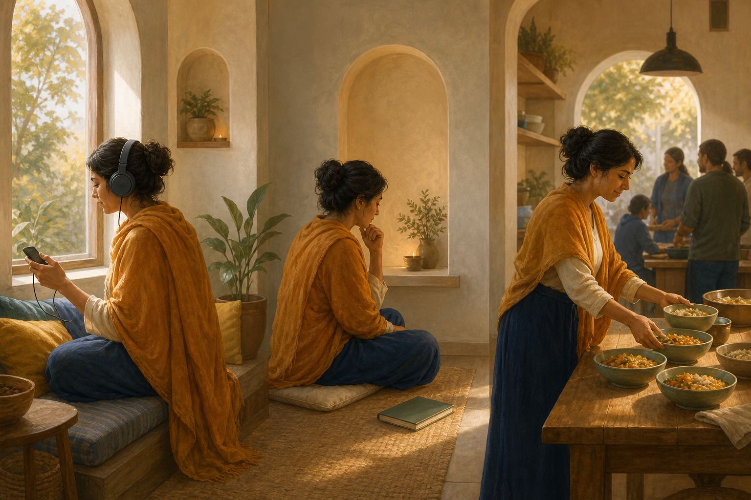 Three connected scenes show a person listening to a recording, reflecting quietly, and preparing food for community service.
