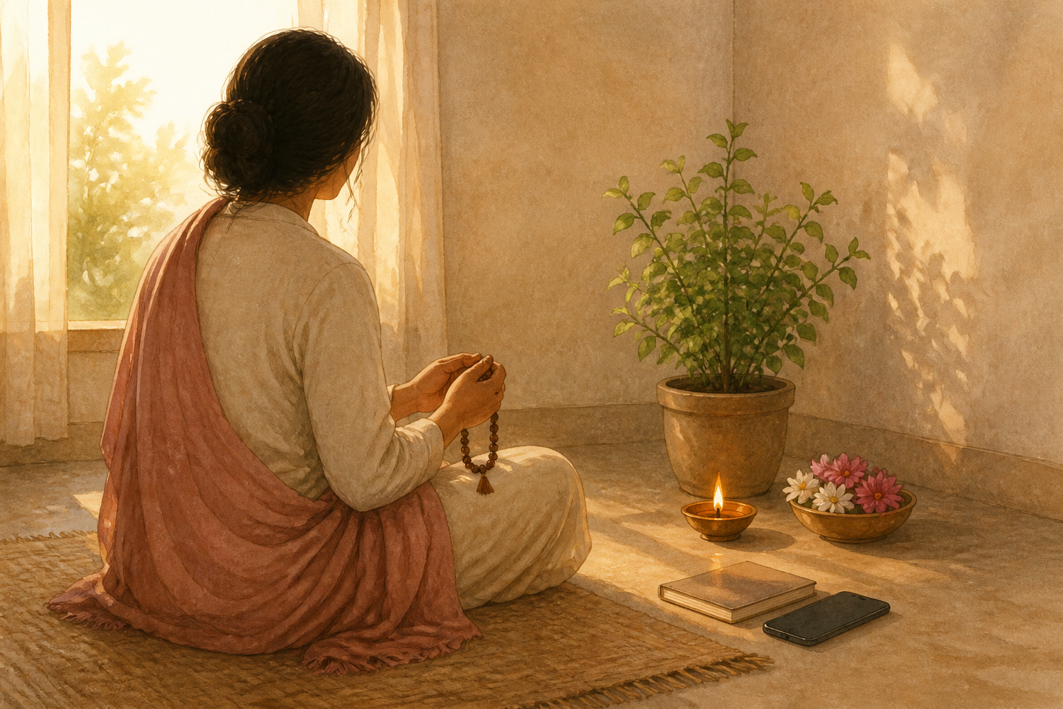A person practices quiet prayer with beads at dawn beside flowers, a small lamp, a basil plant, and a closed notebook.