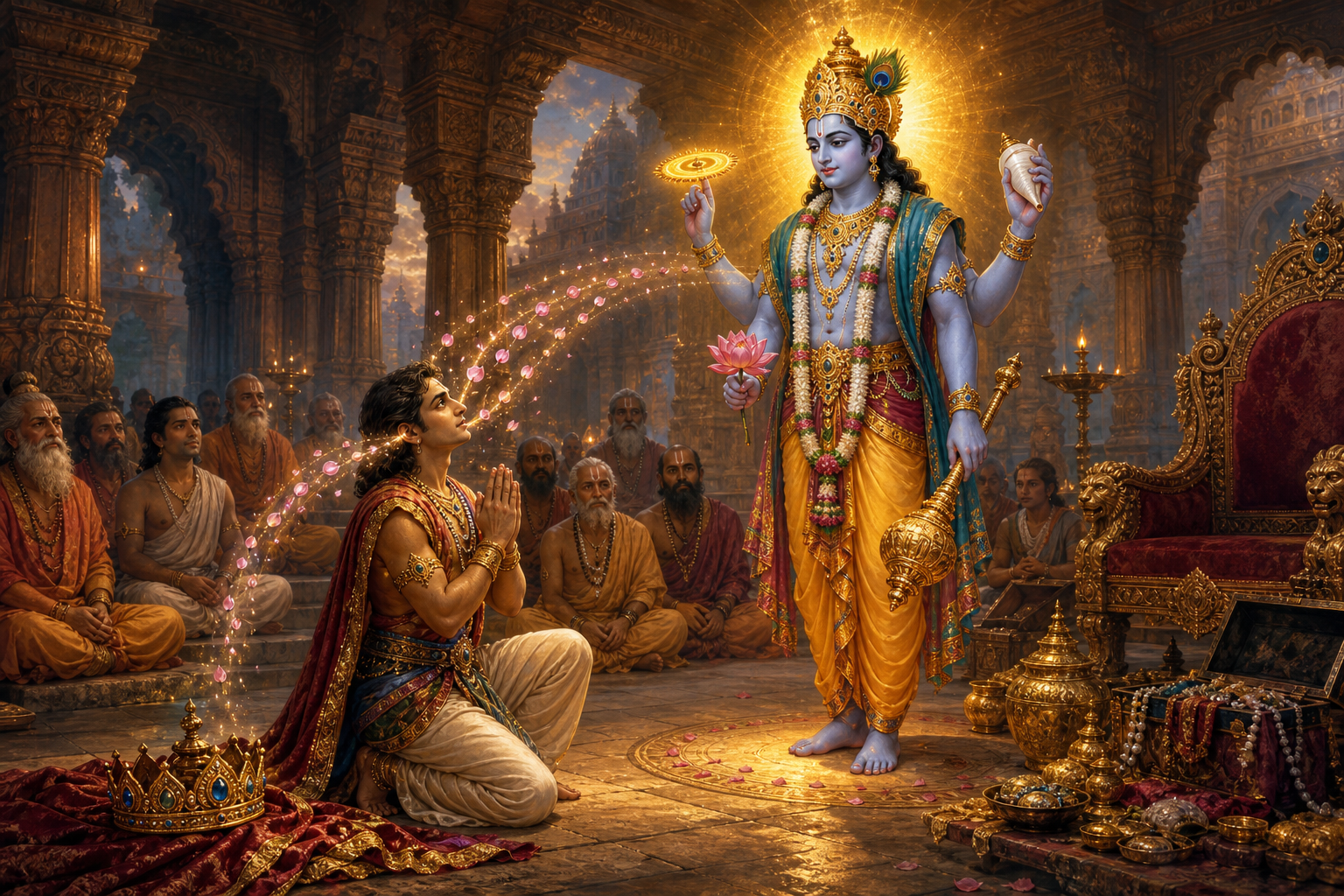 King Prithu bows before four-armed Lord Vishnu as sages gather nearby and a crown, throne, and treasure remain set aside.