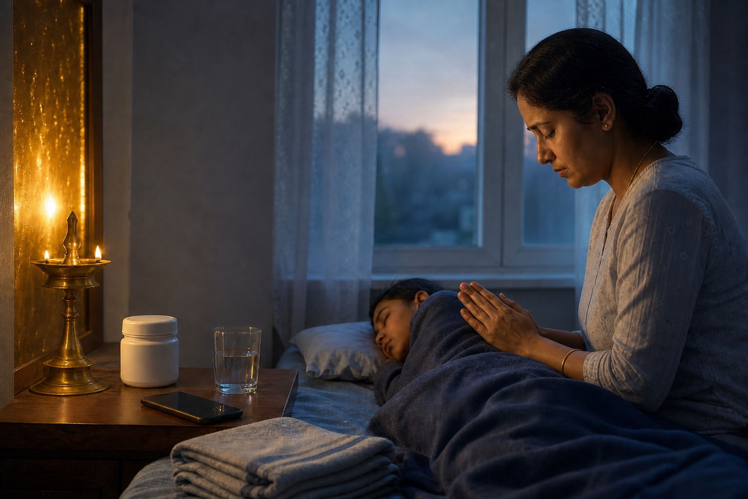A caregiver prays beside a small home shrine while watching over a sleeping family member, with medicine, water, and a phone nearby.