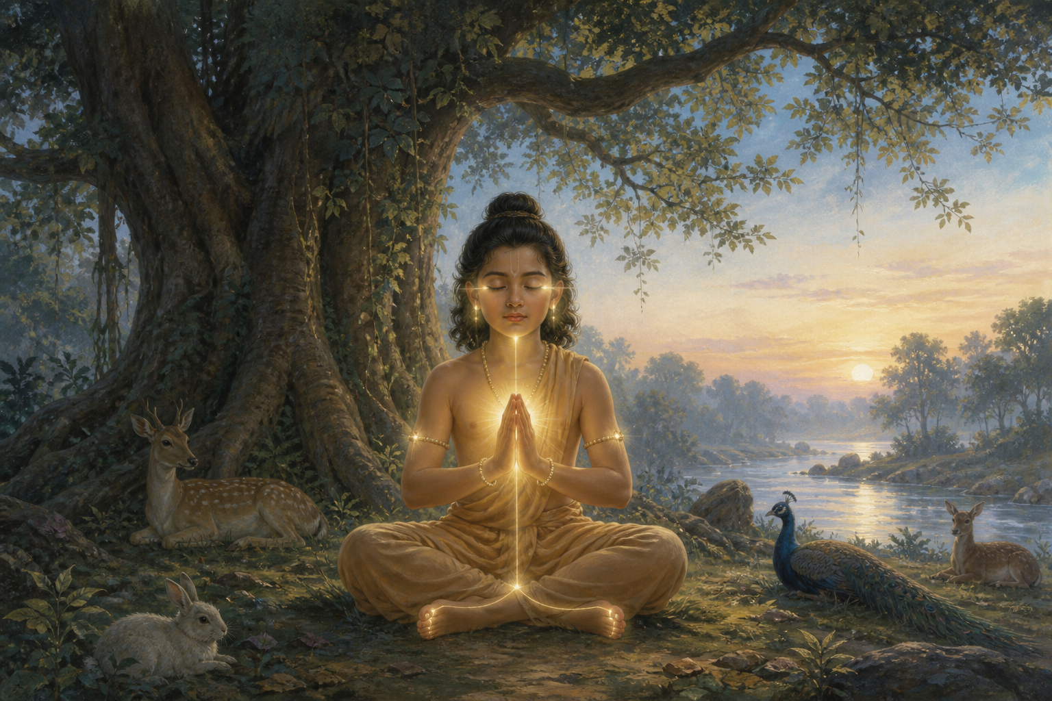 Young Dhruva meditates beneath a forest tree as soft light radiates from his heart toward his senses, hands and feet.