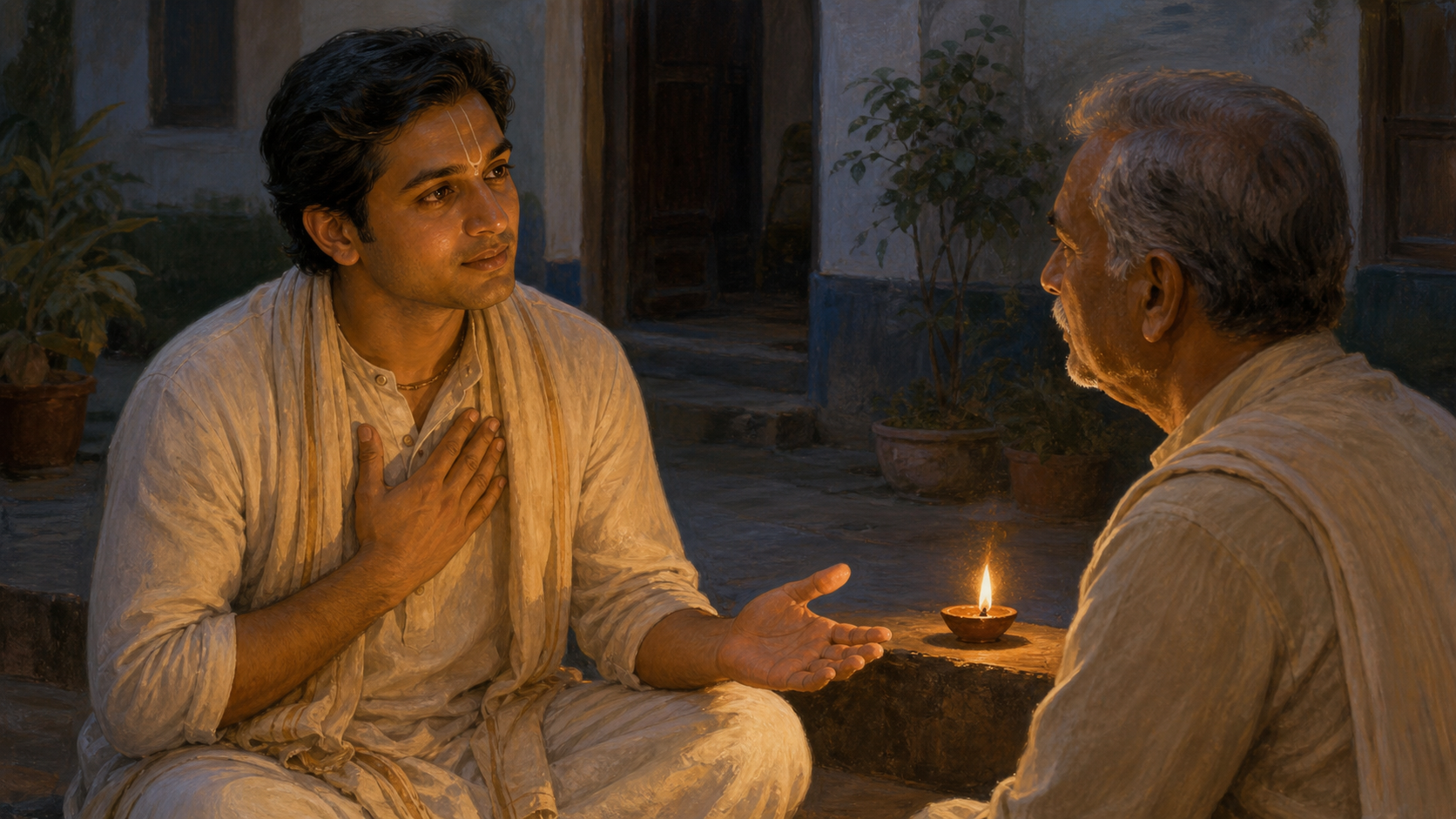 Two people face each other in a quiet courtyard as one pauses with a hand near the heart before speaking.