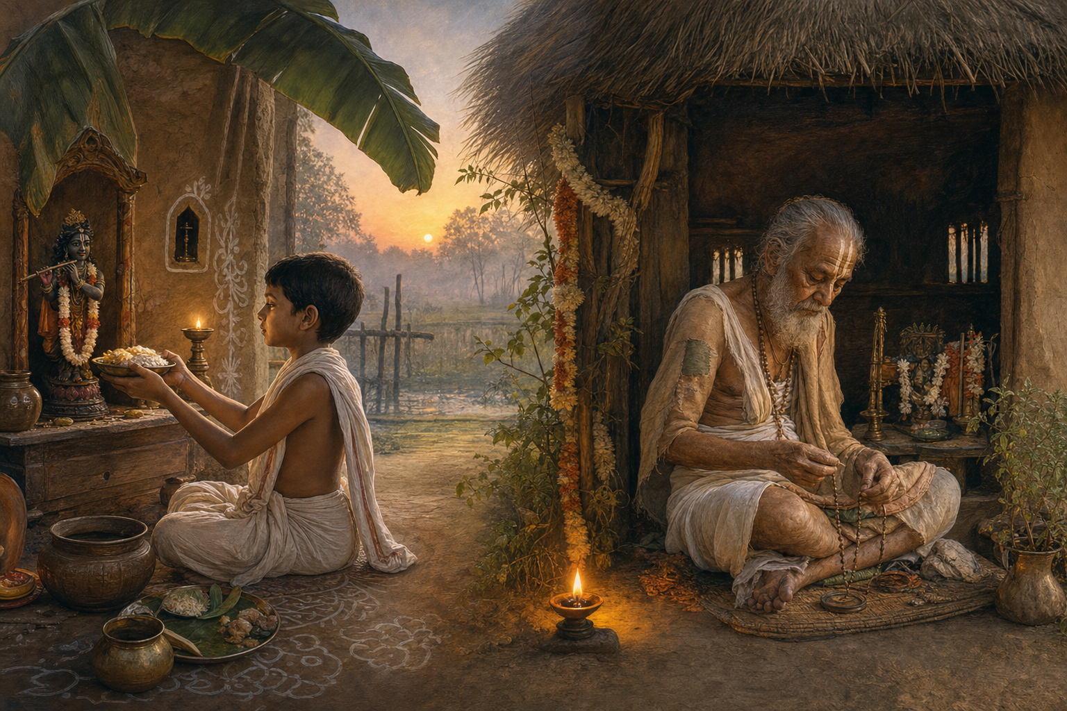 A young Vaishnava boy offers food at a Krishna altar while an elderly Vaishnava ascetic worships beside a thatched hut in rural Bengal.