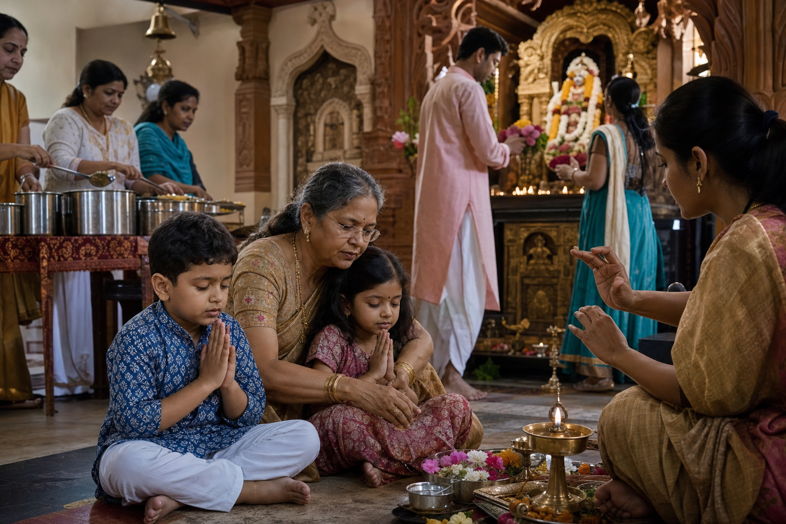 An elder and teacher guide children in temple practice while devotees worship and volunteers prepare prasada nearby.