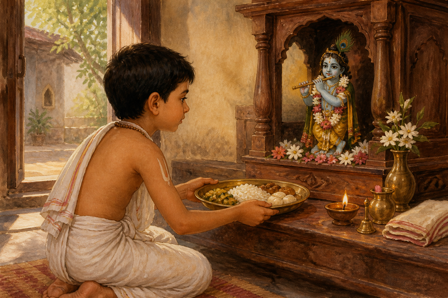 A young Vaishnava boy kneels in a Bengali household shrine and places a brass plate of food before a small Krishna Deity.