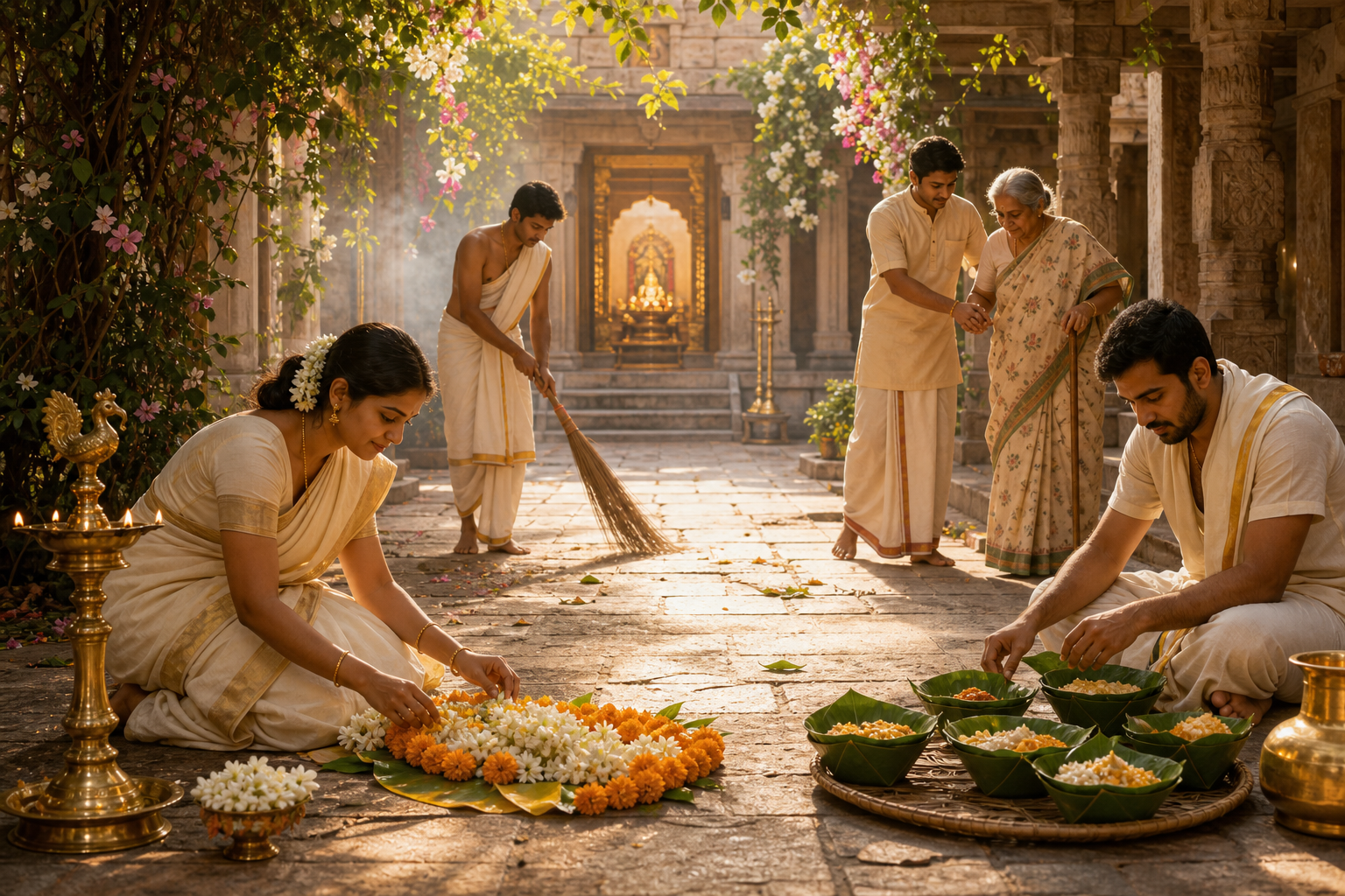 Devotees arrange flowers and food, sweep a temple courtyard and help an elderly visitor during morning service.