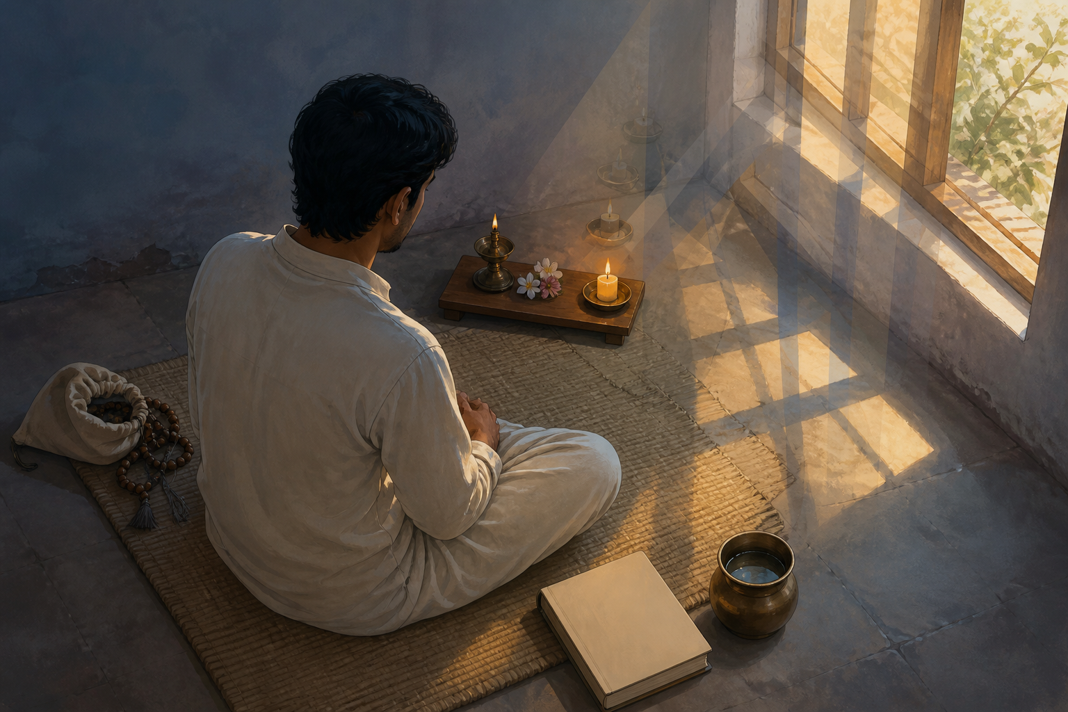 A devotee sits for dawn prayer beside beads, a lamp, flowers, water and a closed scripture in a simple prayer corner.