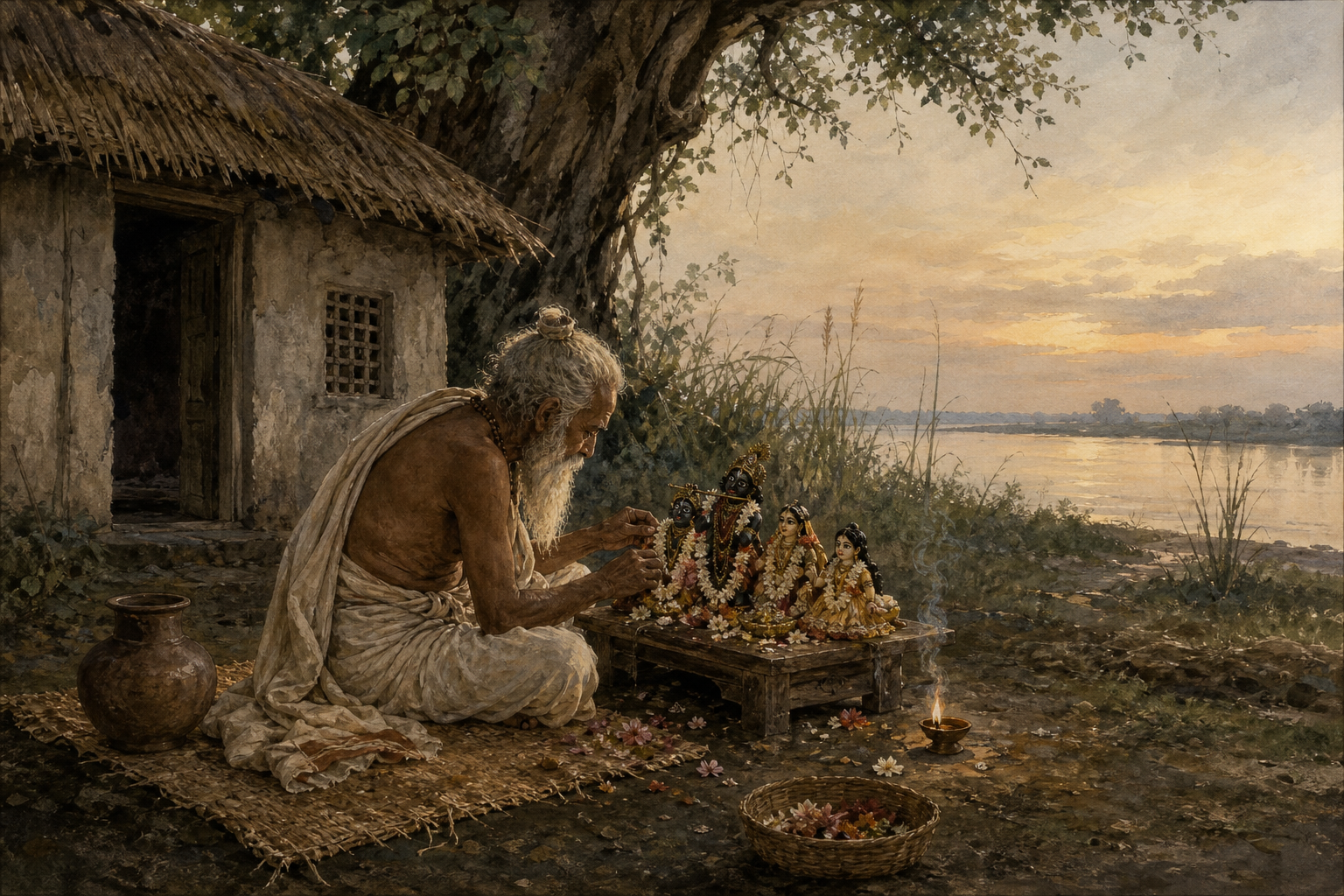 An elderly Vaishnava ascetic tends a small garlanded Deity altar outside a thatched hut beside a river at dusk.