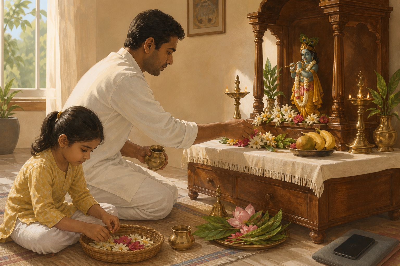 An adult and child prepare flowers, water, cloth, and a simple food offering at a home Krishna shrine.