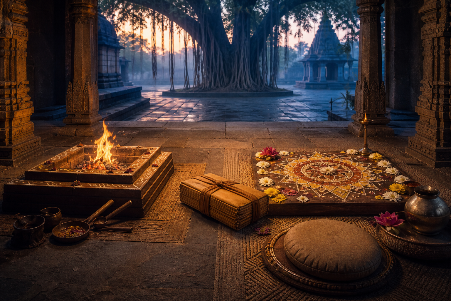 A temple courtyard containing a Vedic-style fire altar and a geometric ritual arrangement joined around a wrapped palm-leaf manuscript bundle.