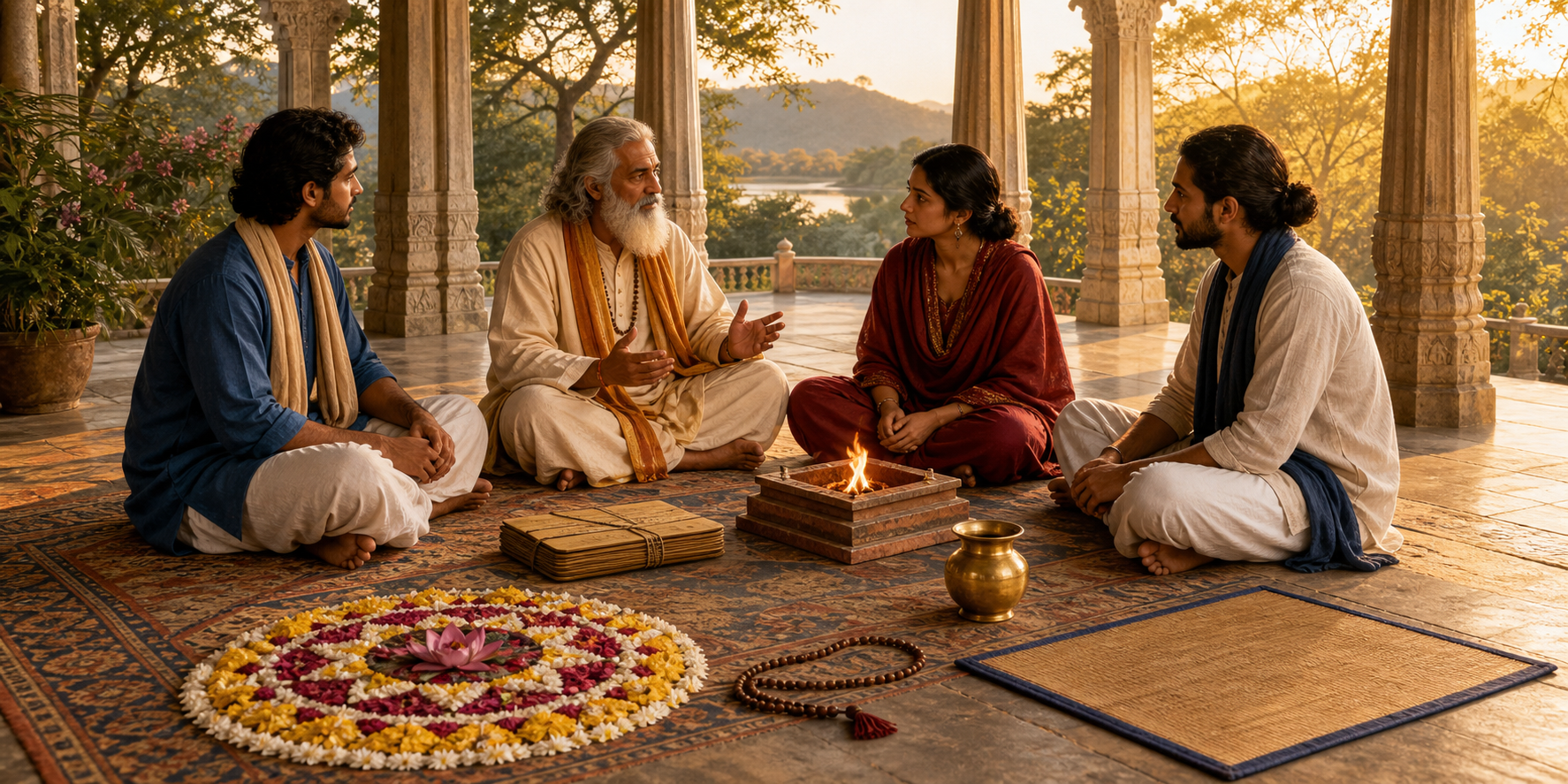 A teacher and students sit in a pillared pavilion beside a wrapped manuscript, fire altar, ritual vessels, flowers, prayer beads, and a meditation mat.