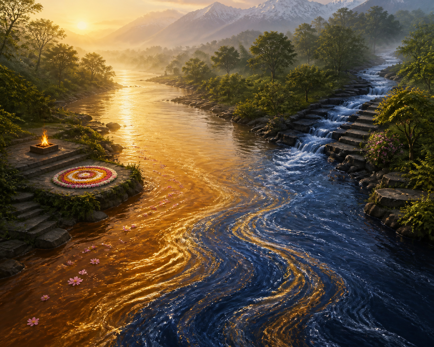 Two differently colored rivers merge while their currents remain visible beside separate fire and flower ritual spaces on the bank.