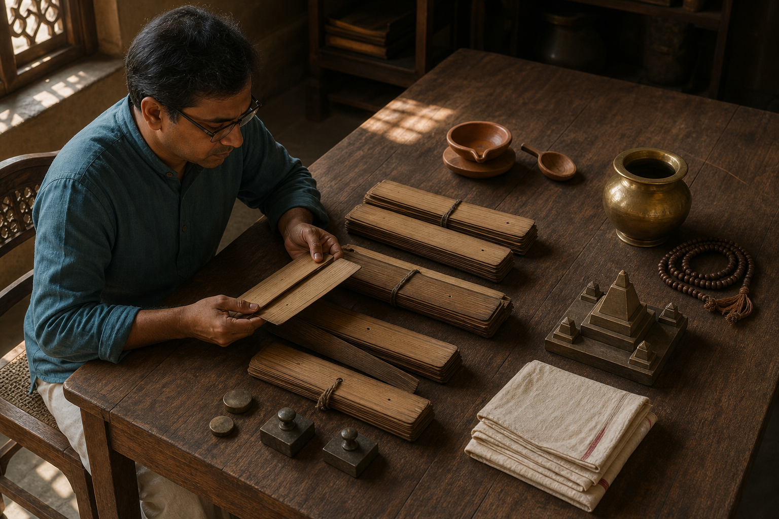 A researcher studies blank palm-leaf folios at a wooden table arranged with ritual vessels, prayer beads, a lamp, a ladle, and a geometric model.