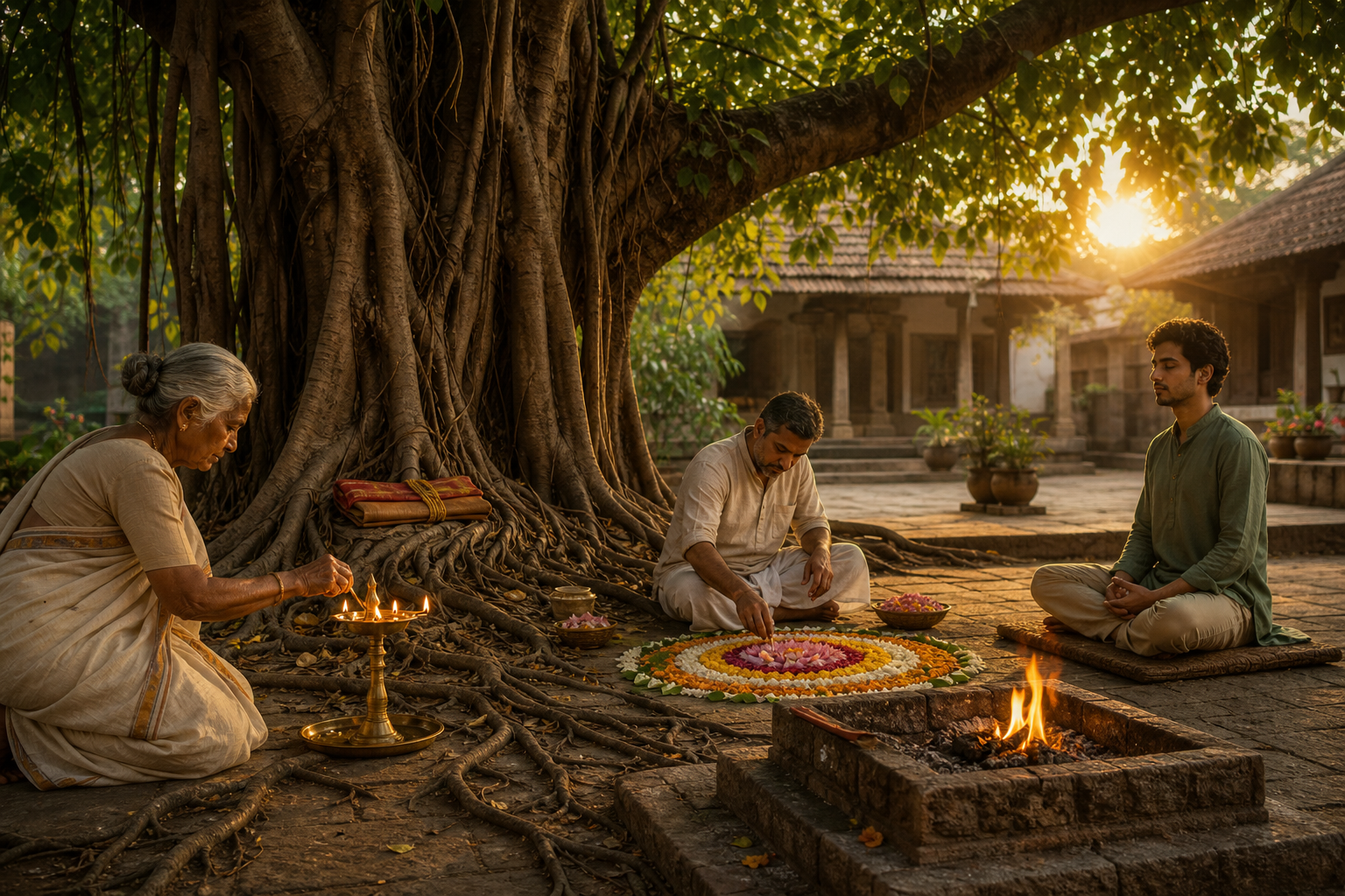 Three generations gather beneath a banyan tree around a fire altar, wrapped manuscript, flower arrangement, oil lamp, and meditation seat.