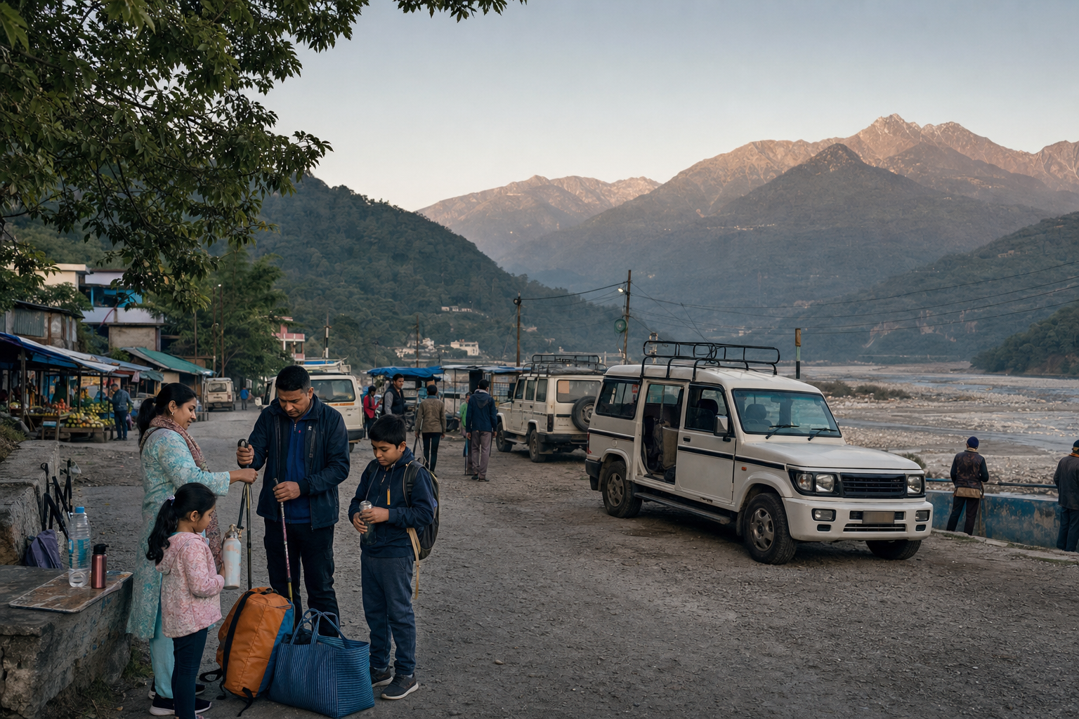 A family prepares pilgrimage supplies in Tanakpur with local transport, the river valley, and Himalayan foothills beyond.