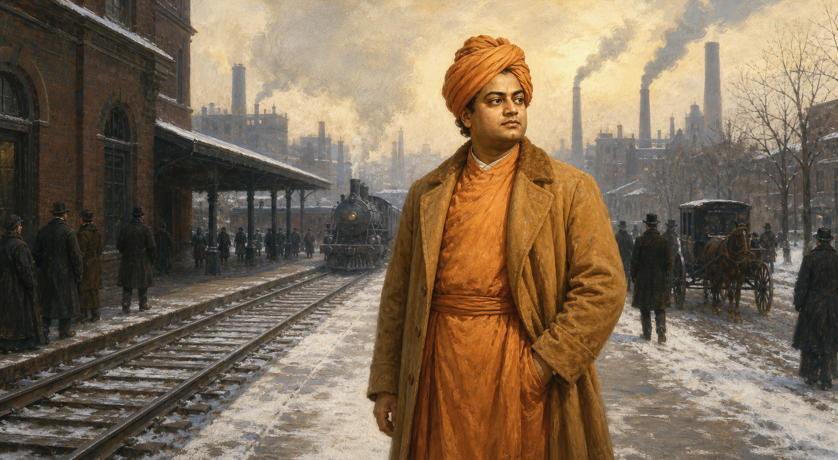 Swami Vivekananda stands near a snow-covered 1890s Detroit railway platform, with carriages, brick buildings, and factory chimneys in the wintry distance.