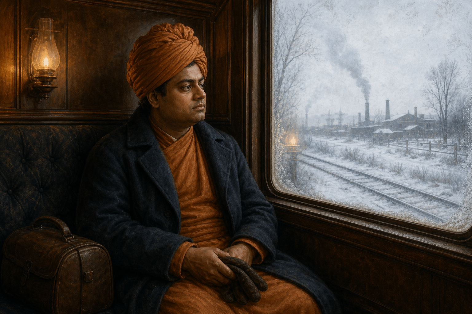 Swami Vivekananda sits beside a frosted railway-carriage window as a snowy Michigan landscape passes outside.