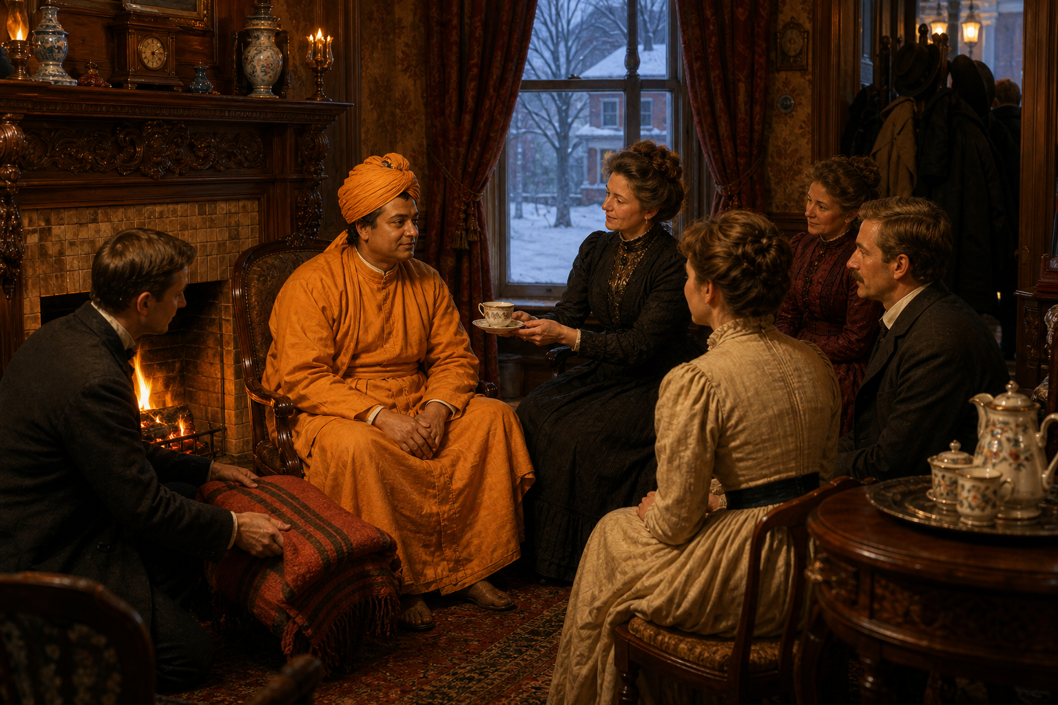 Swami Vivekananda sits by a fireplace with several Detroit friends as a host offers tea and a folded travel blanket rests nearby.