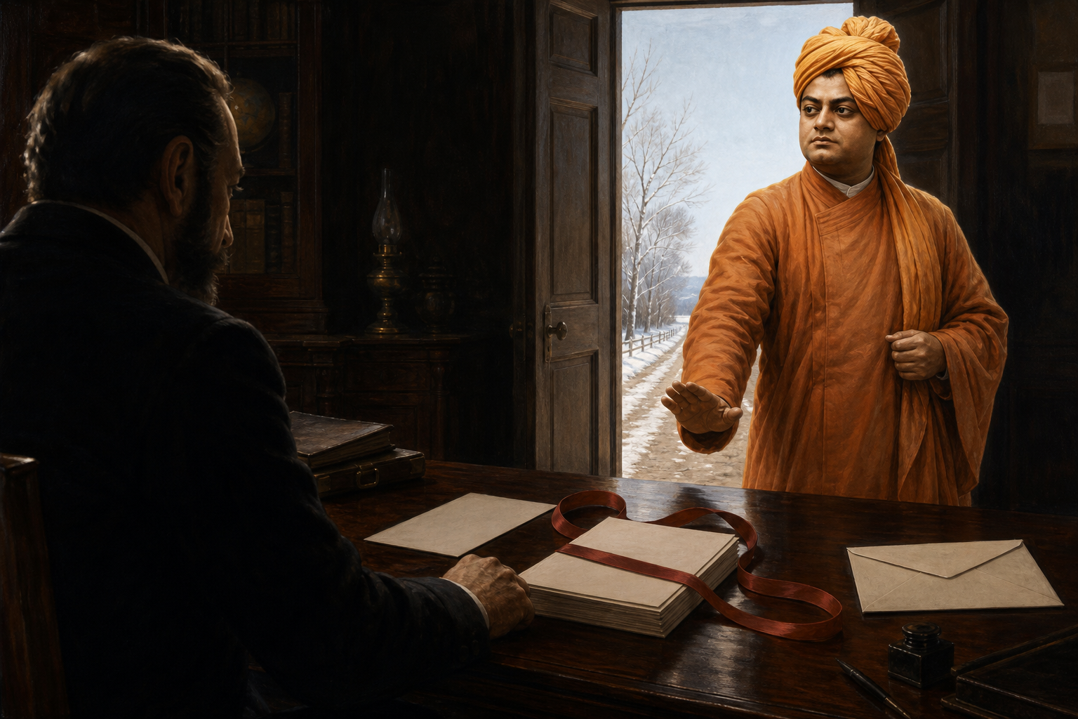 Swami Vivekananda withdraws his hand from blank contract papers at a shadowed desk while an open door reveals daylight beyond.
