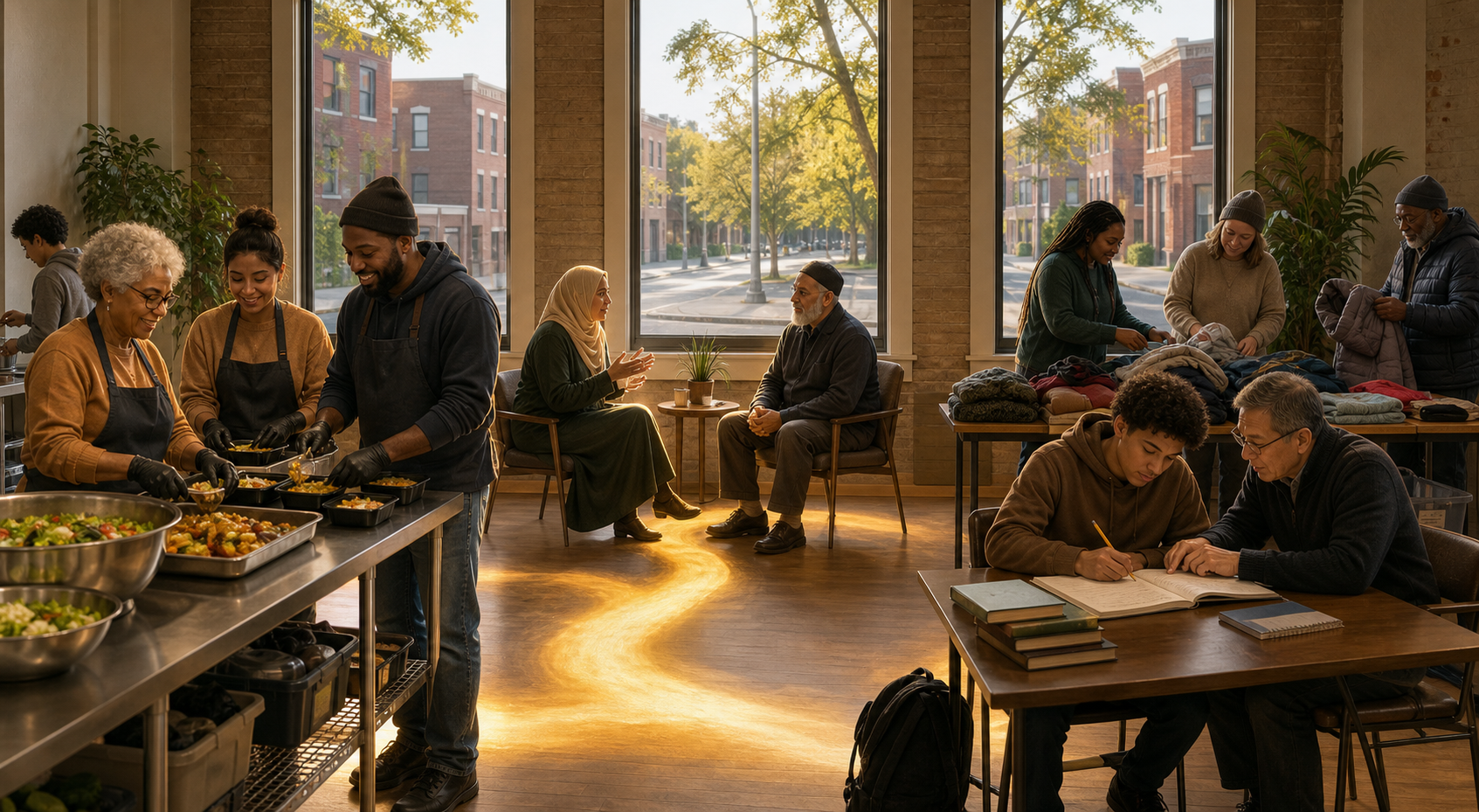 Four diverse groups in a Detroit community space prepare food, hold a conversation, study together, and organize donated winter clothing.