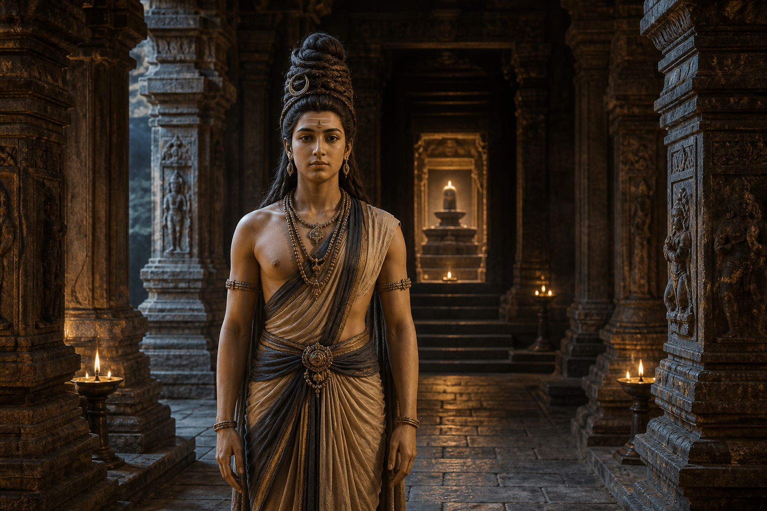 A serene crested Shaiva figure stands before a softly illuminated Shiva linga inside a stone temple sanctum.