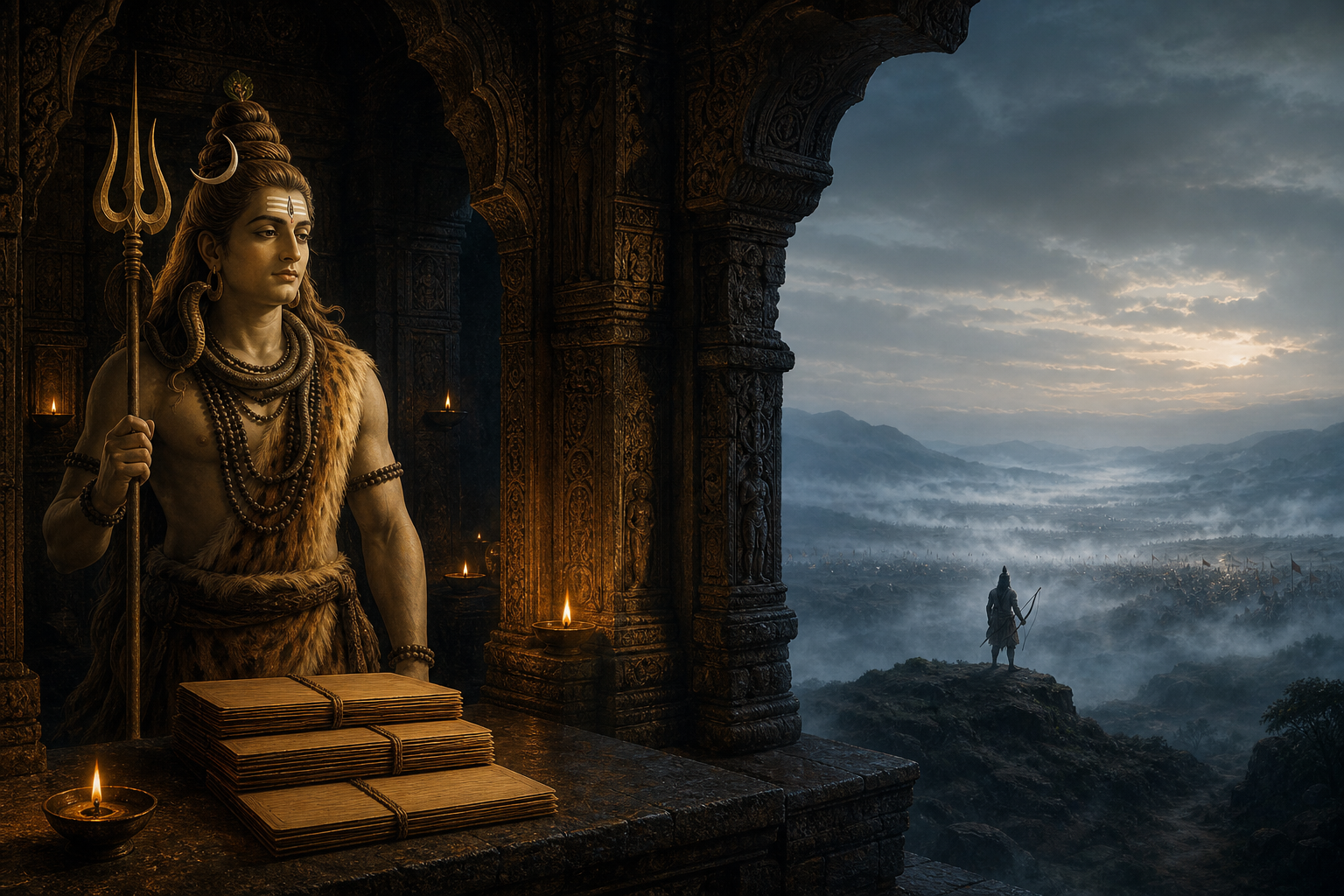 A crested Shaiva temple figure in the foreground is visually separated from a distant bow-bearing warrior silhouette.
