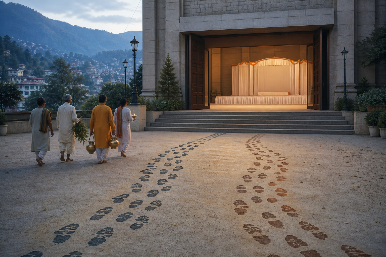 An anonymous cultural auditorium with ritual attendants carrying a brass vessel near the entrance and two paths of footprints converging in the foreground.