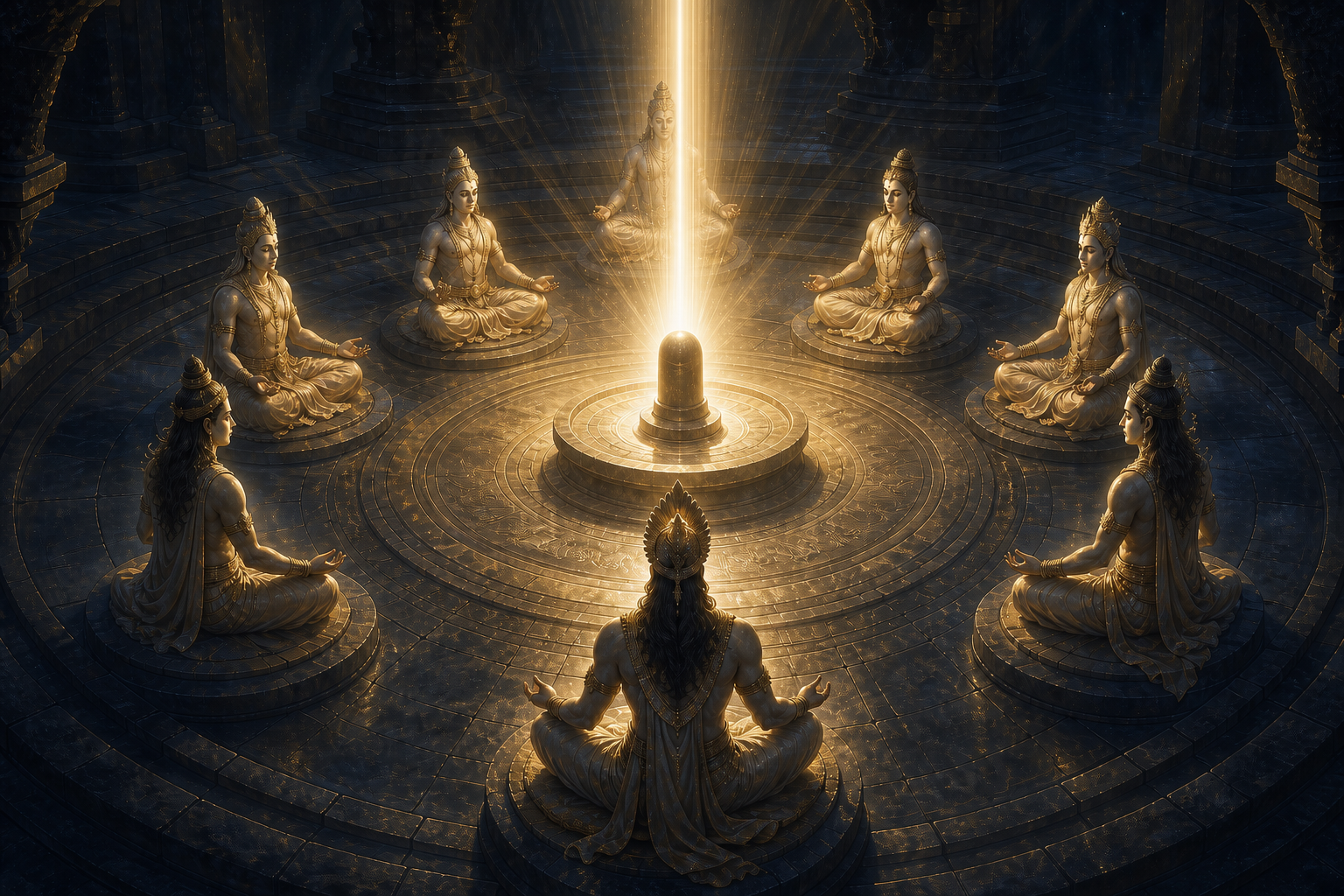 Eight distinct divine figures encircle a luminous Shiva linga in an ordered temple-like space.