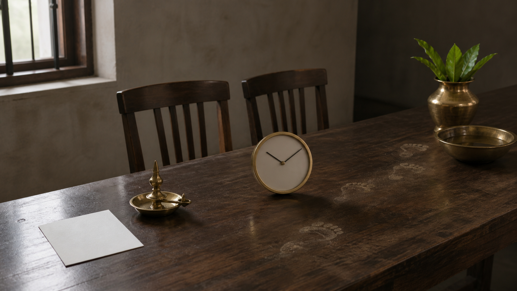 A row of event objects, empty chairs, a blank clock, footprints and a brass ritual vessel arranged in sequence on a wooden table.