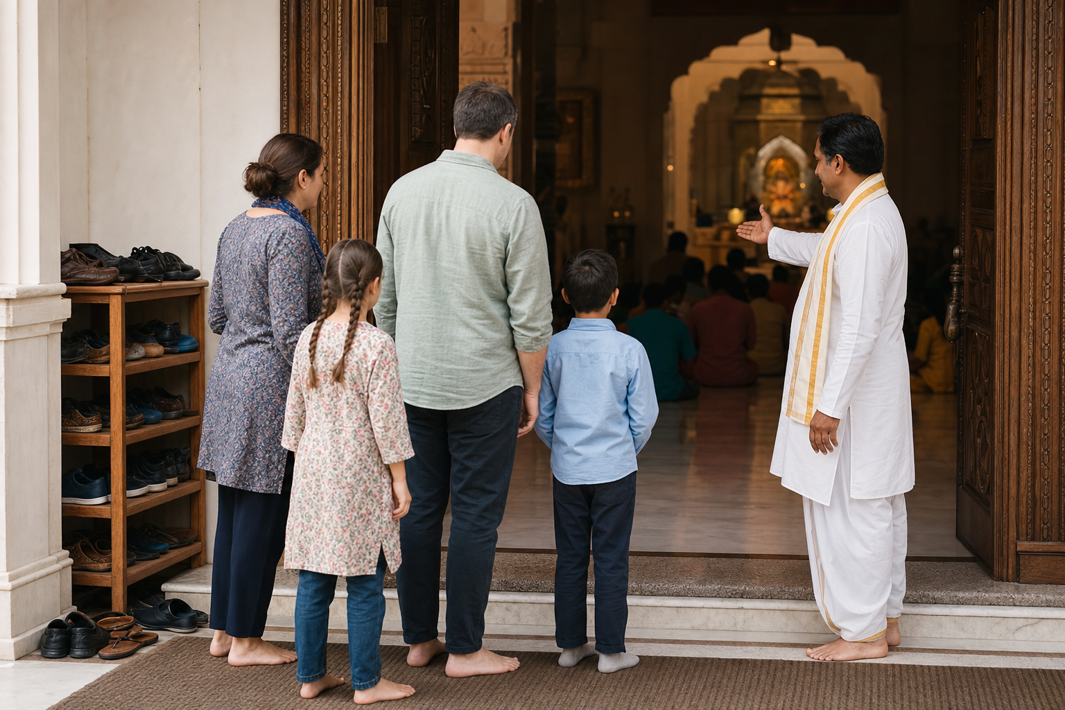 Guests leave their shoes and pause at a temple threshold as a volunteer welcomes them into the prayer hall.