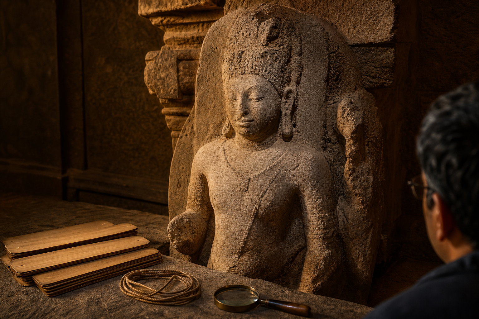 A scholar examines a worn crested Shaiva stone figure whose damaged details remain visibly unresolved.