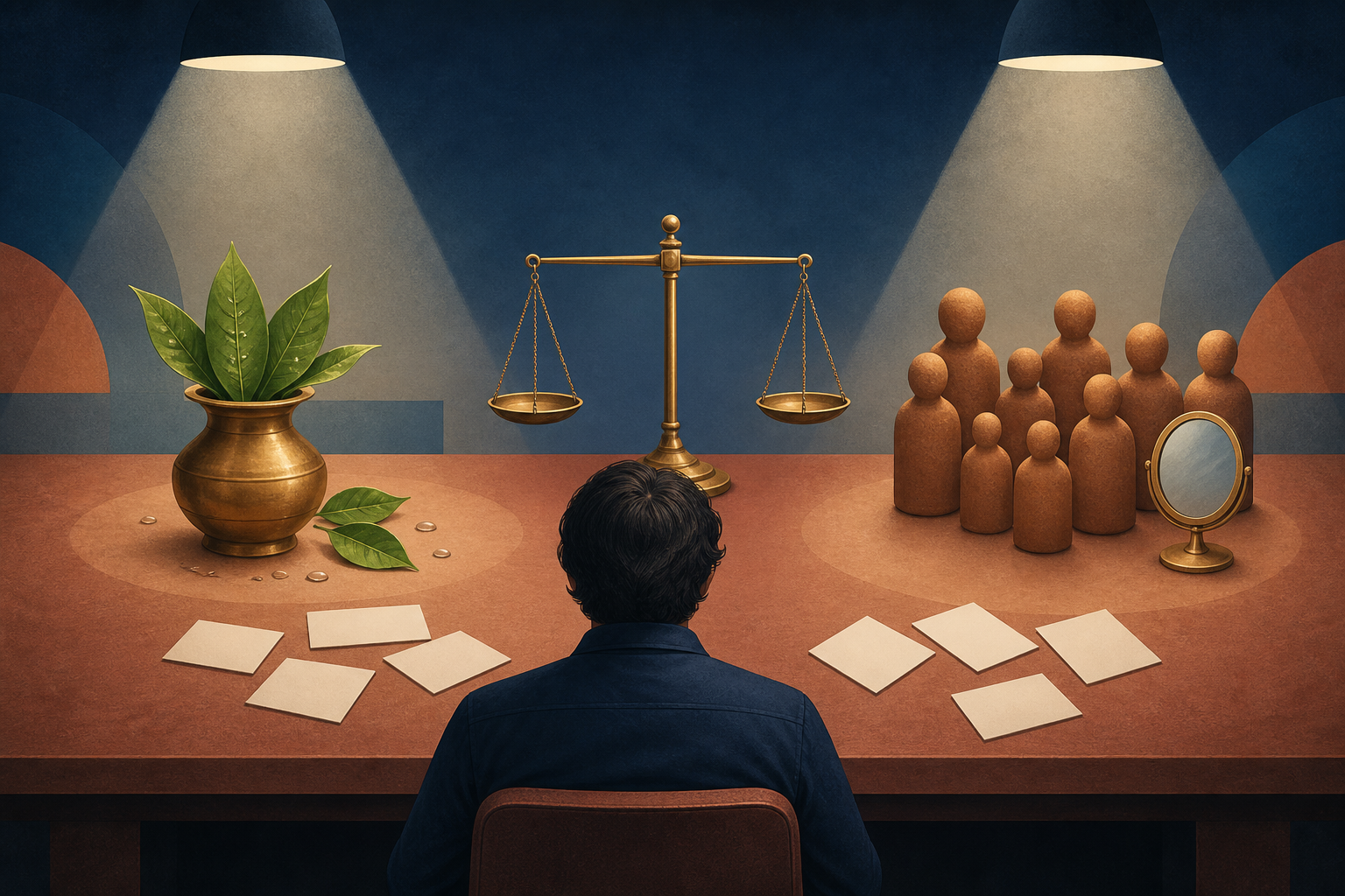 An investigator compares ritual objects and anonymous clay figures beside a balanced scale on a desk.