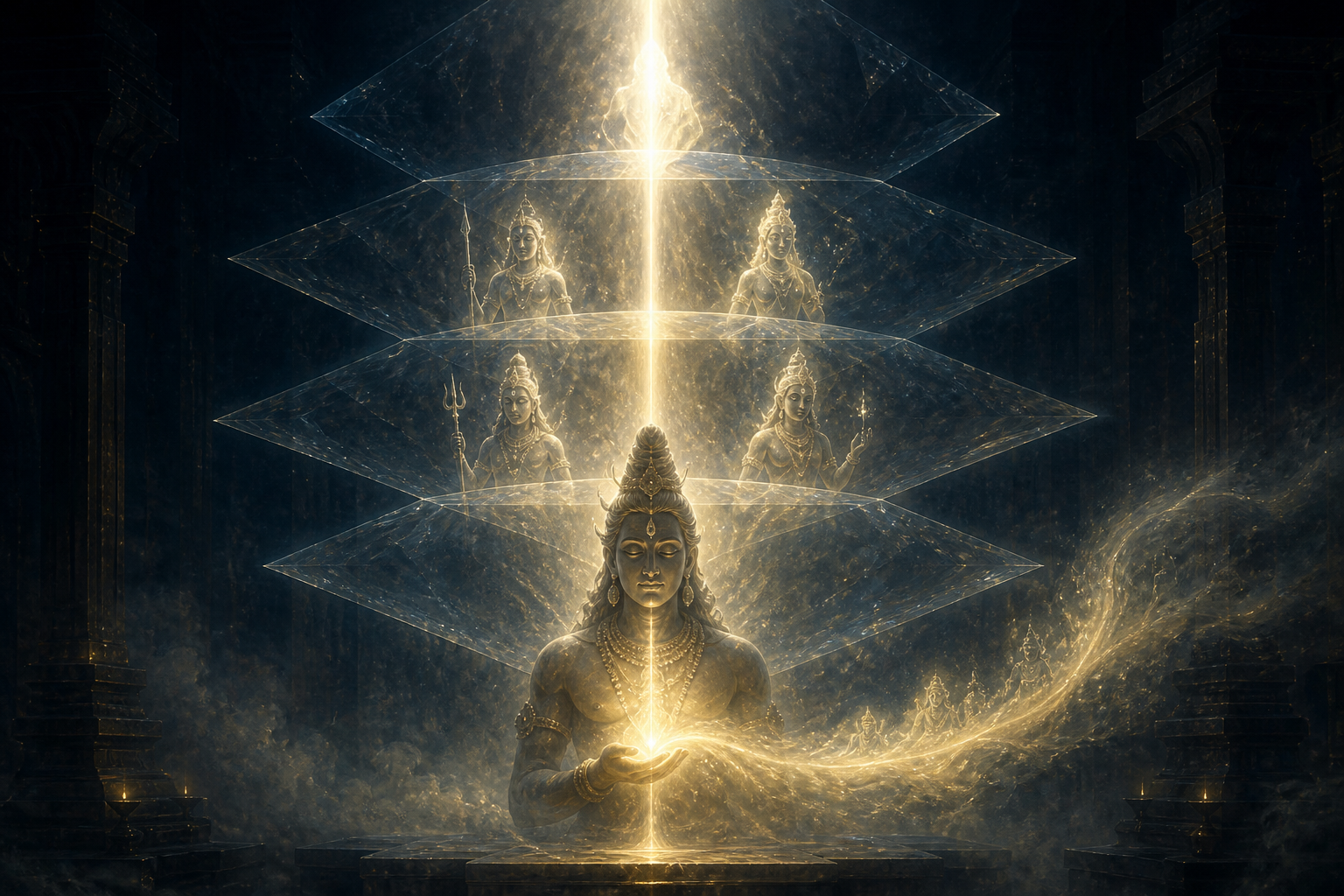 A central shaft of light unfolds through translucent layers into distinct divine silhouettes, including a crested foreground figure.