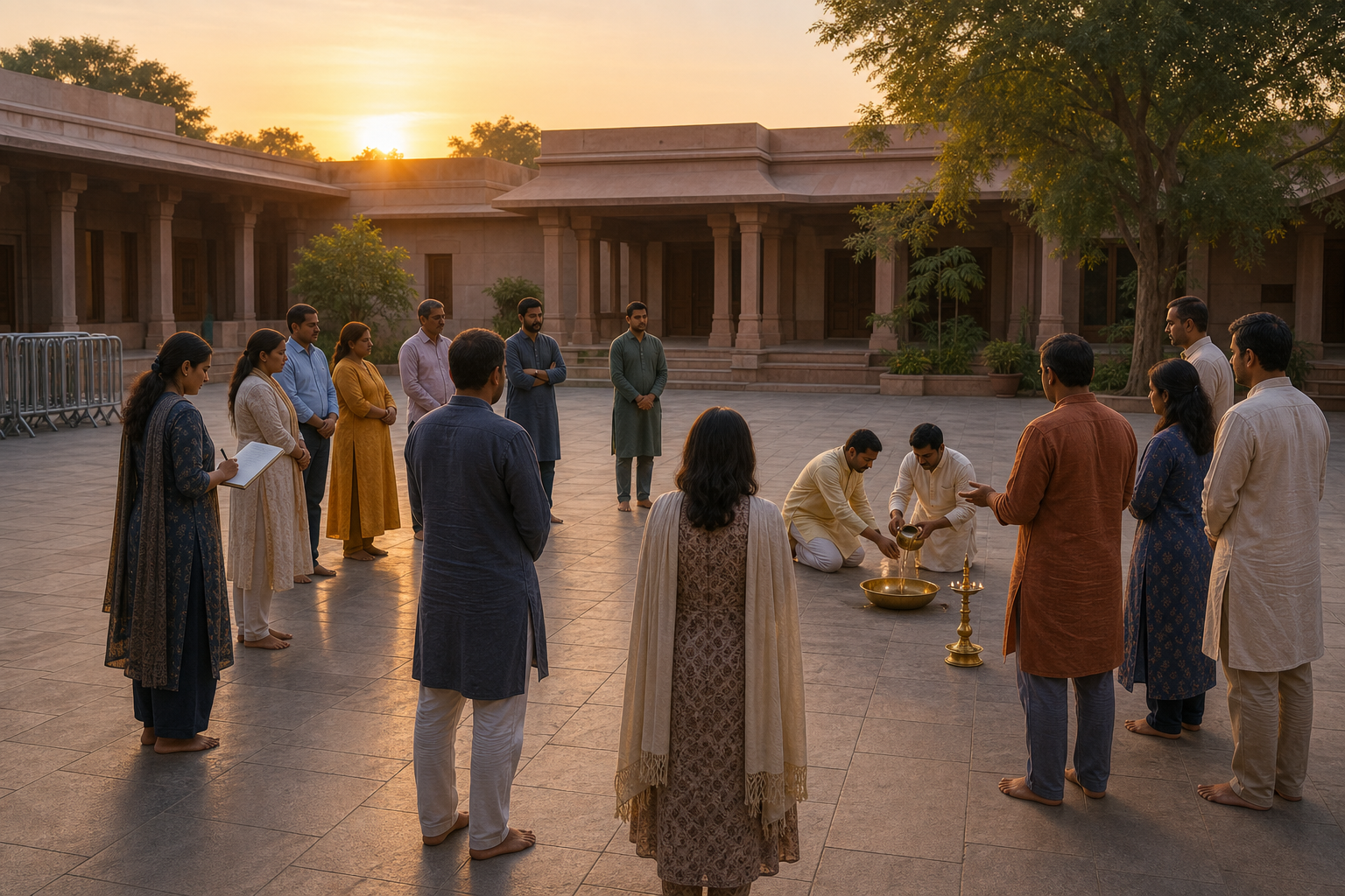 A calm group observes a water purification rite beside a brass lamp in the courtyard of a cultural venue at sunrise.