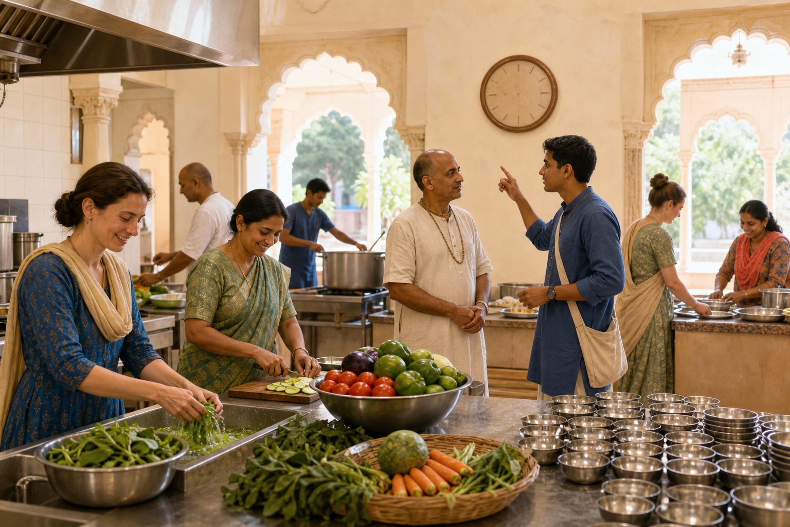 Adult volunteers prepare a vegetarian meal together in a bright temple kitchen while an organiser listens to one volunteer.