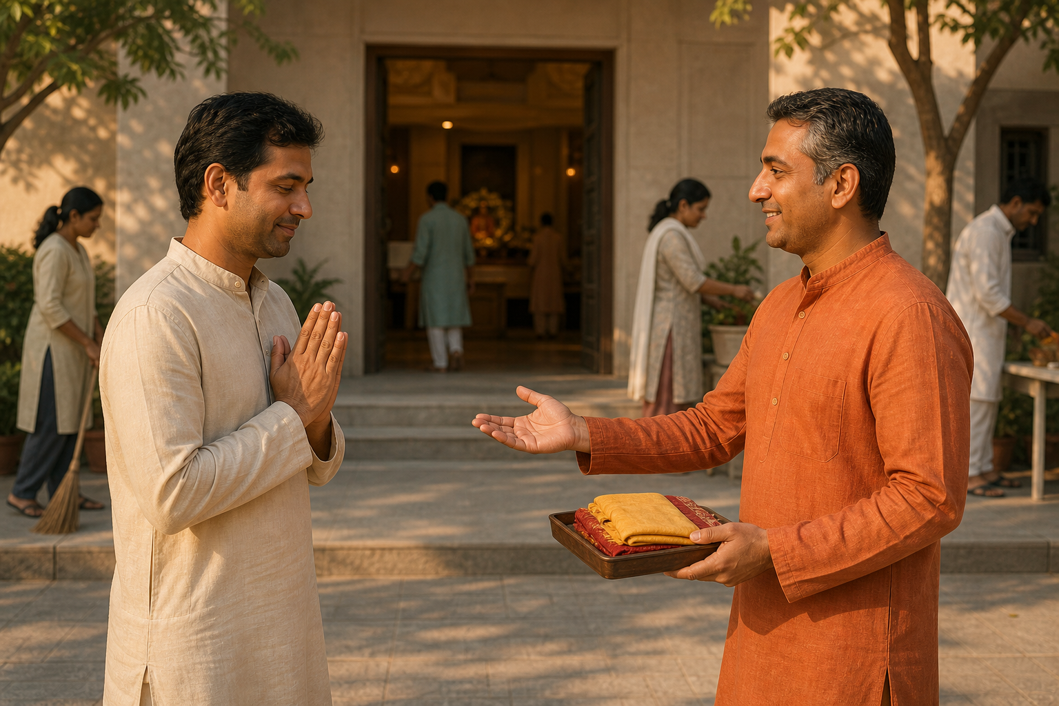 A volunteer politely declines an offered service tray while a temple coordinator responds with an accepting gesture.