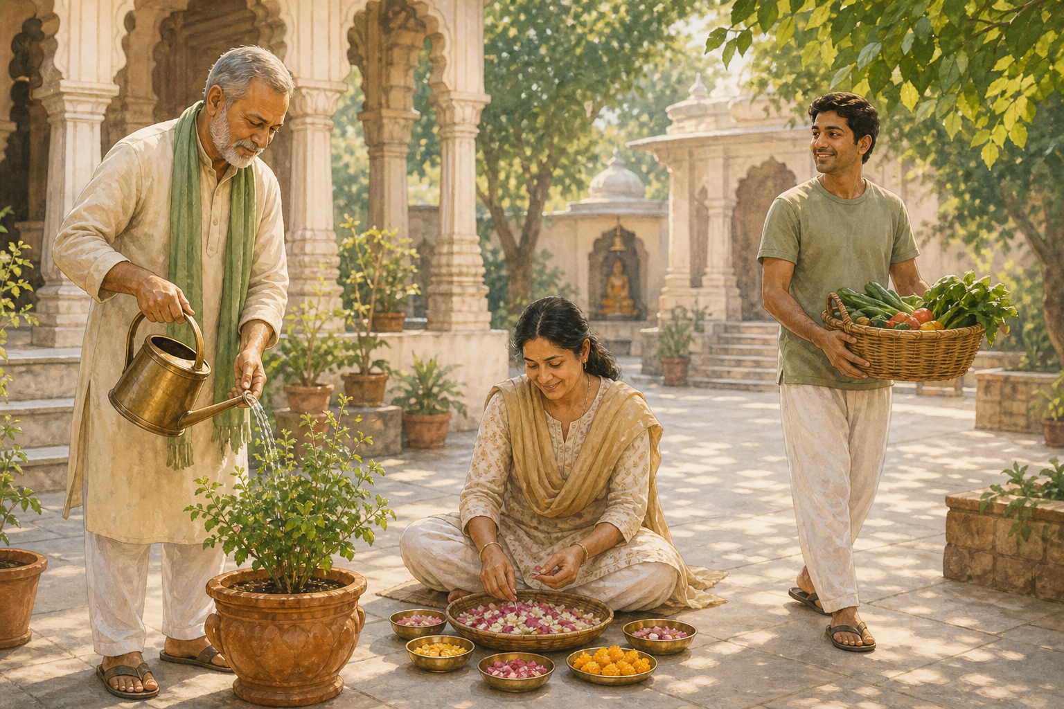 Volunteers of different ages and abilities water plants, sort flower petals and carry a small produce basket in a temple courtyard.