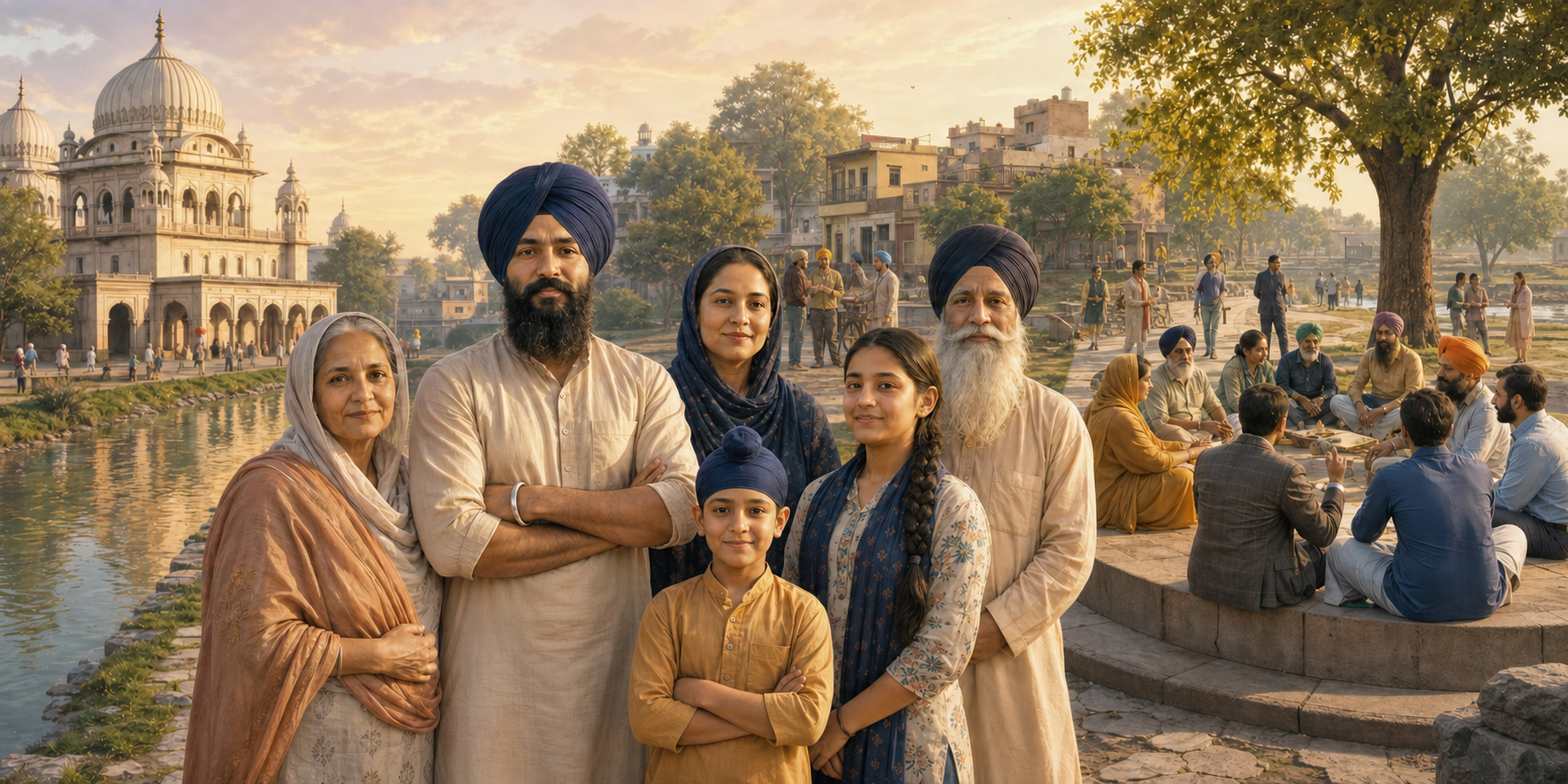 A multigenerational Sikh family stands before a connected panorama of a gurdwara, a neighborhood, and an inclusive civic gathering.