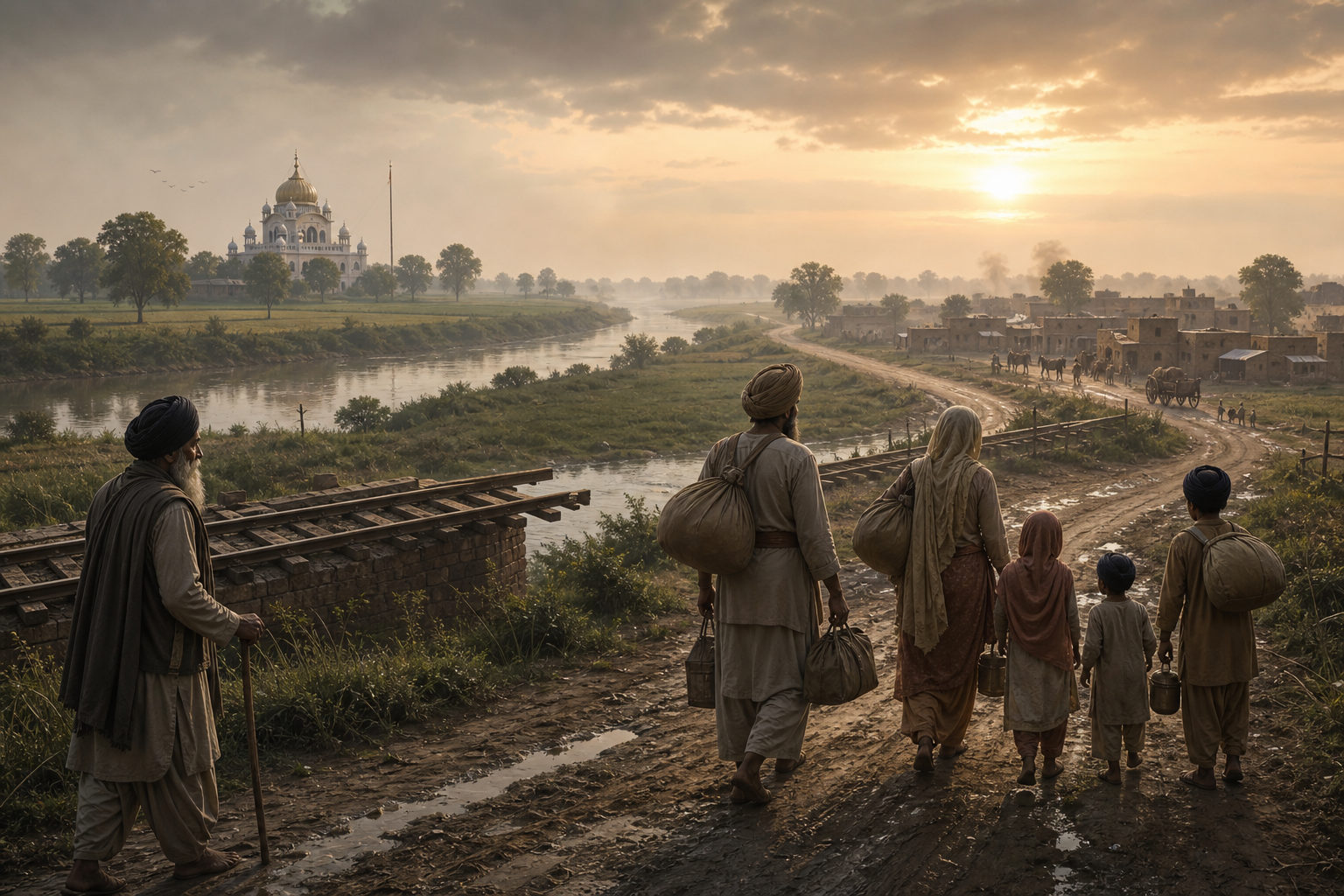 A Sikh family crosses a river plain toward a new settlement while a distant gurdwara remains visible on the opposite side.