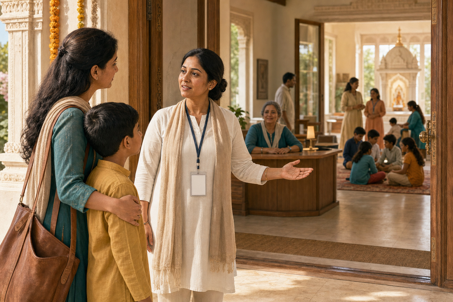 A parent and child speak with a safeguarding coordinator at the entrance to a temple community hall while adults supervise a youth activity inside.