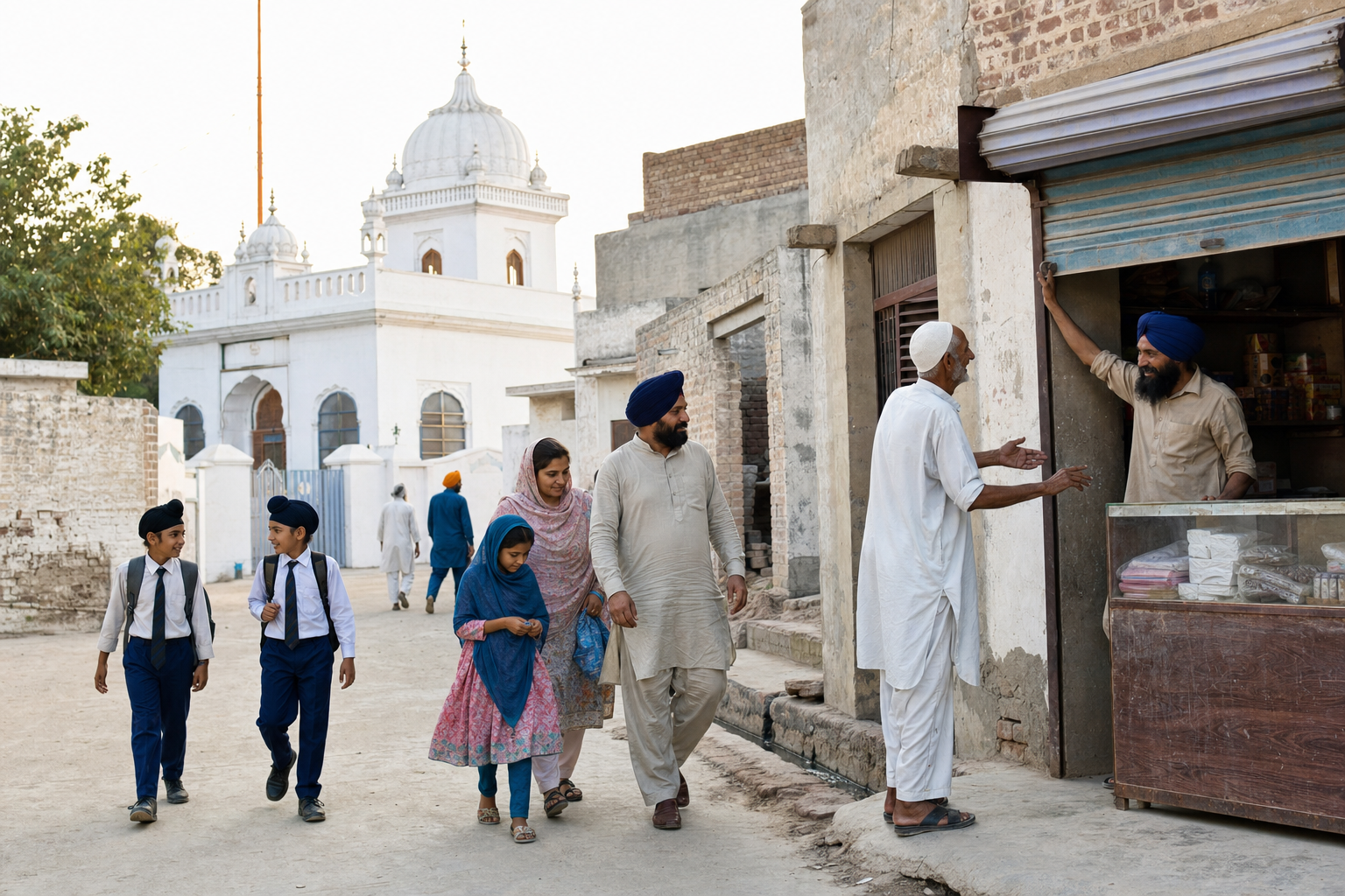 A small Sikh community gathers near a gurdwara and market lane in a Pakistani Punjabi town as families, students, and neighbors go about daily life.